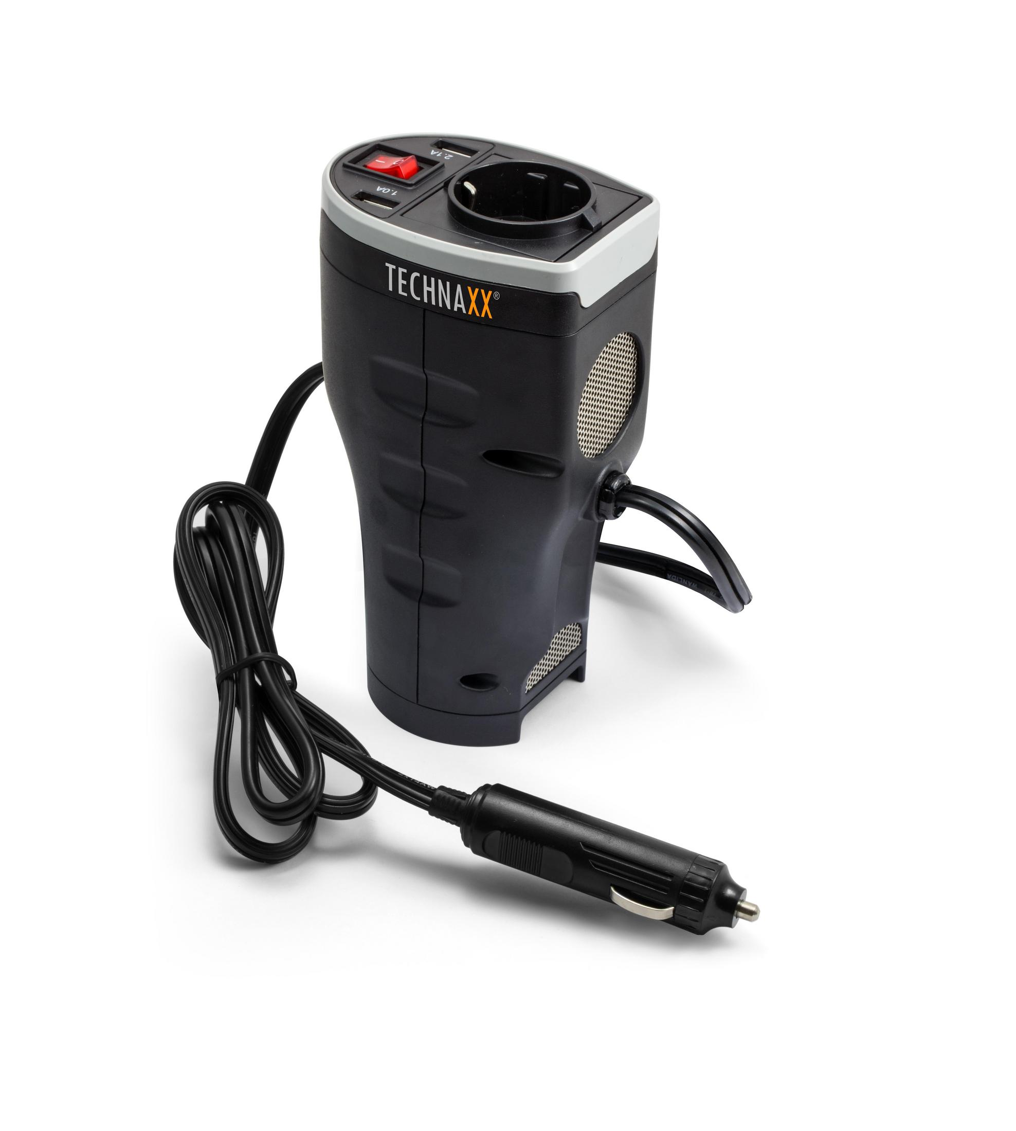 Ein schwarzer Technaxx Auto-Stromrichter wird gezeigt, mit einem Stecker und Netzkabel auf Weiß.