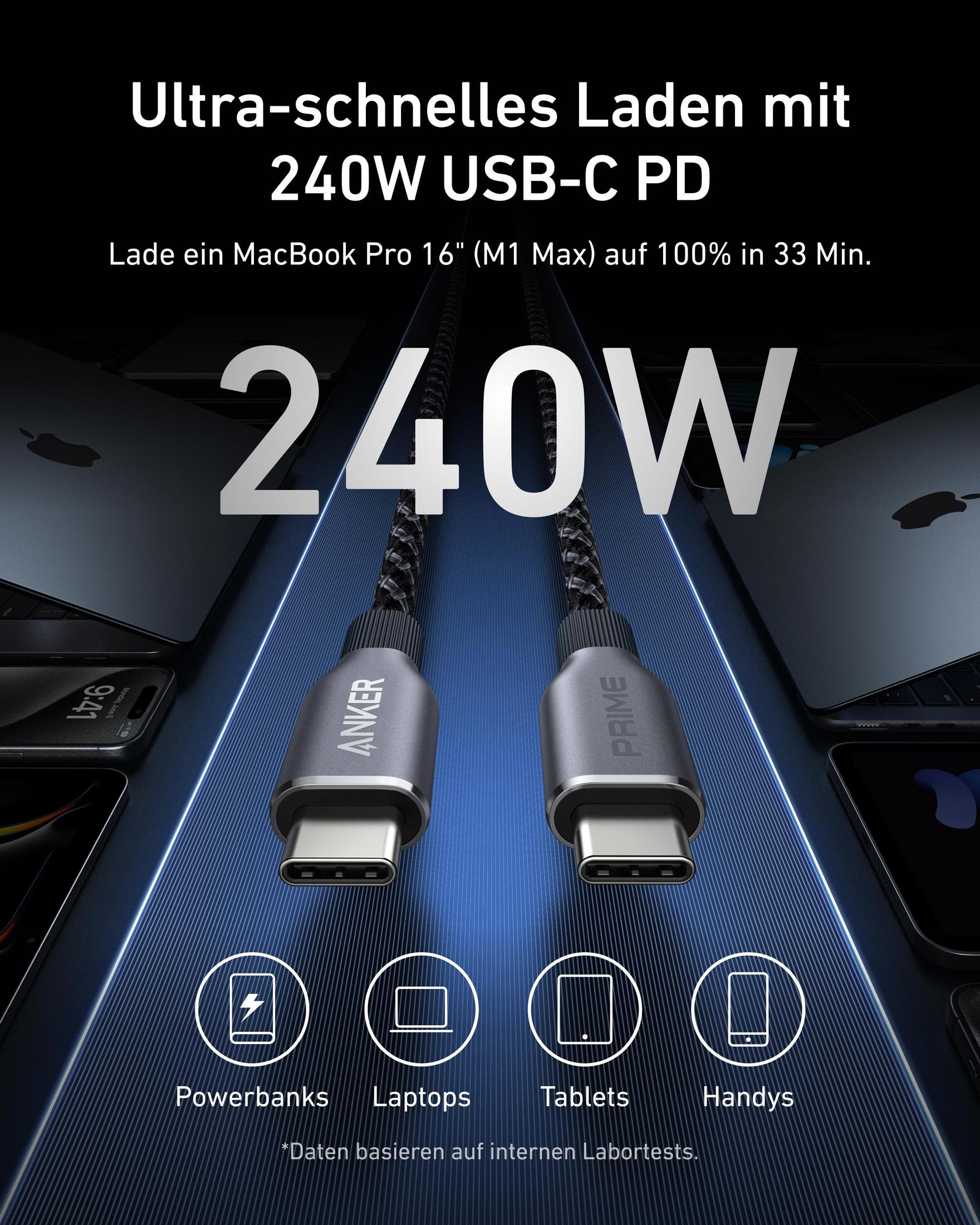 Cavo USB-C con testo: 'Ausgelegt für 100 Jahre Nutzung.' Mostra 300.000 piegature.