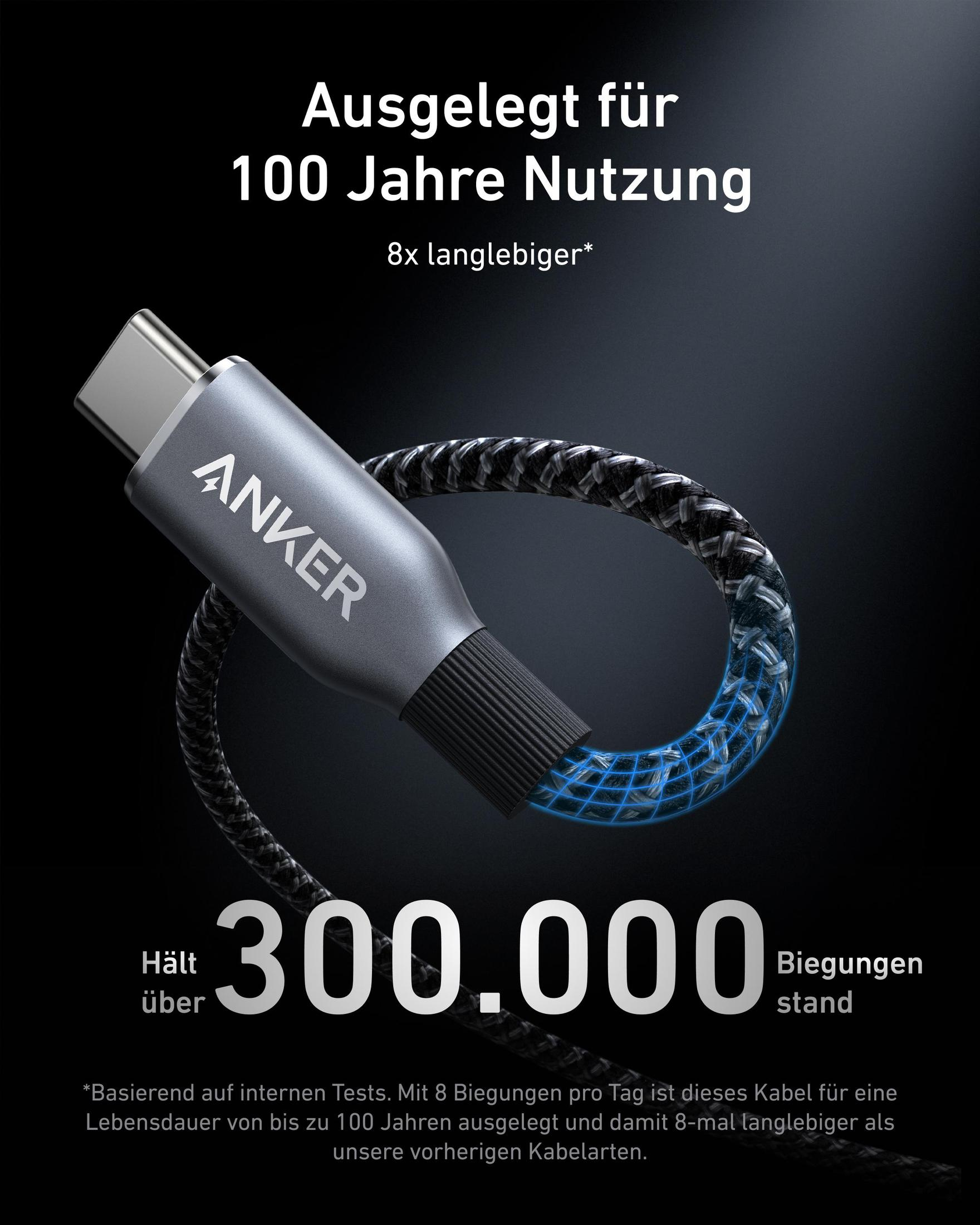 Cavo USB-C con testo: 'Zuvrlassiges Laden bei jedem Wetter' con dettagli -40C e 80C.