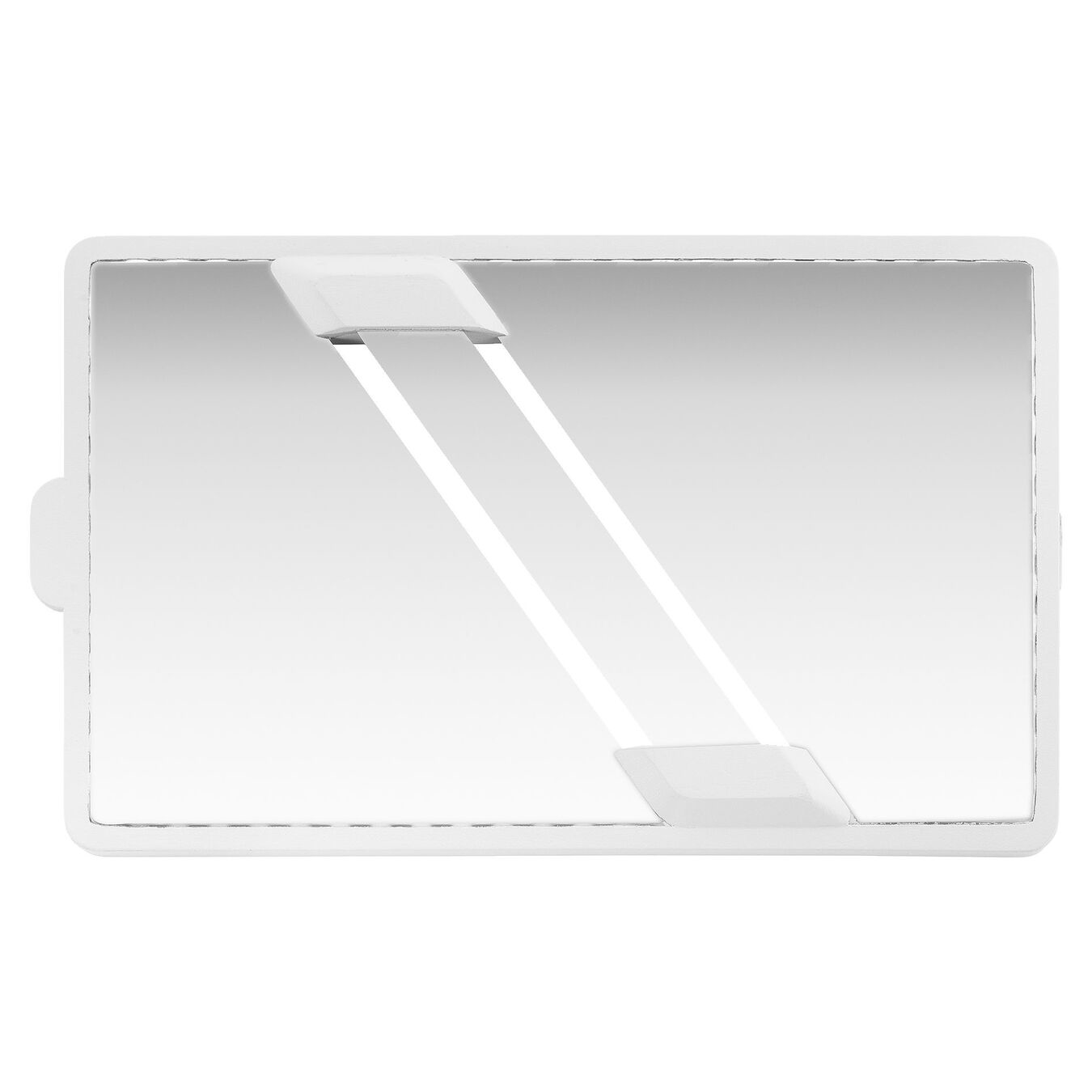 Białe prostokątne pudełko z przezroczystą pokrywą i białą strukturą wspierającą w środku.