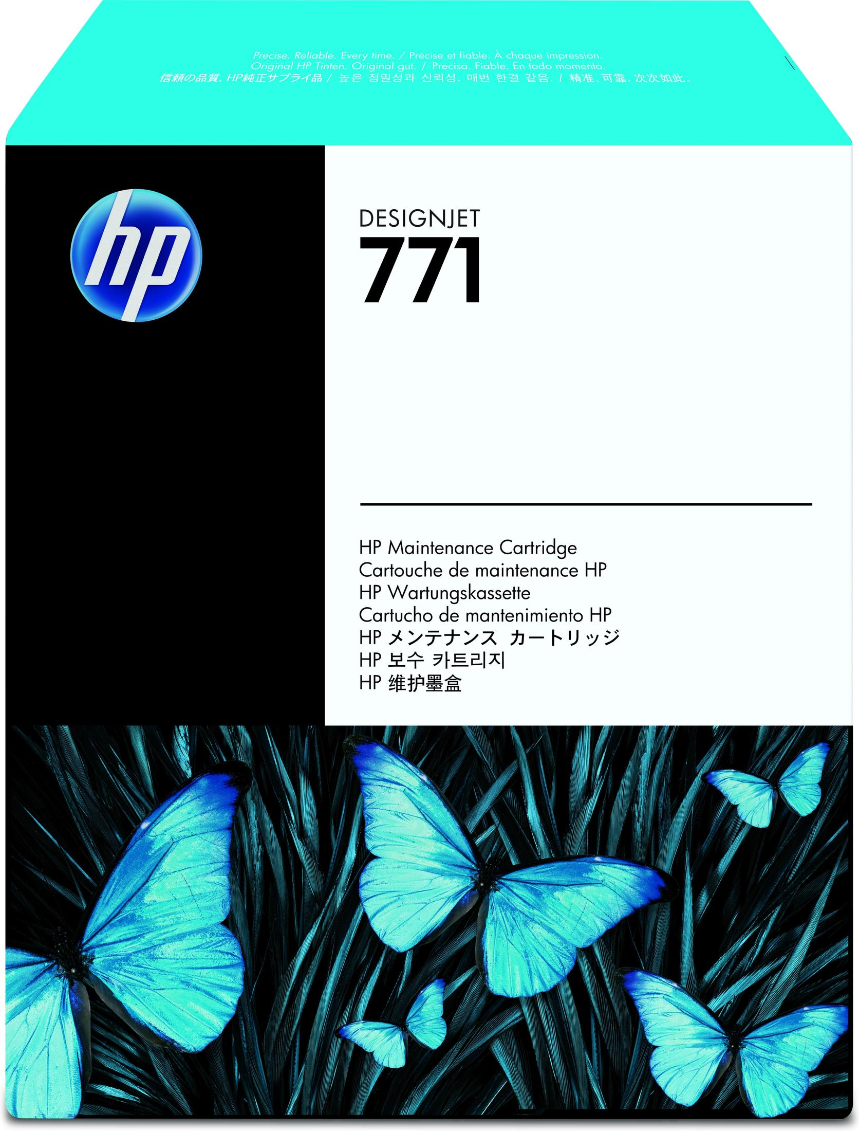HP 771 DesignJet Wartungskartuschenbox mit Schmetterlingen auf dunklem Grasgrund.