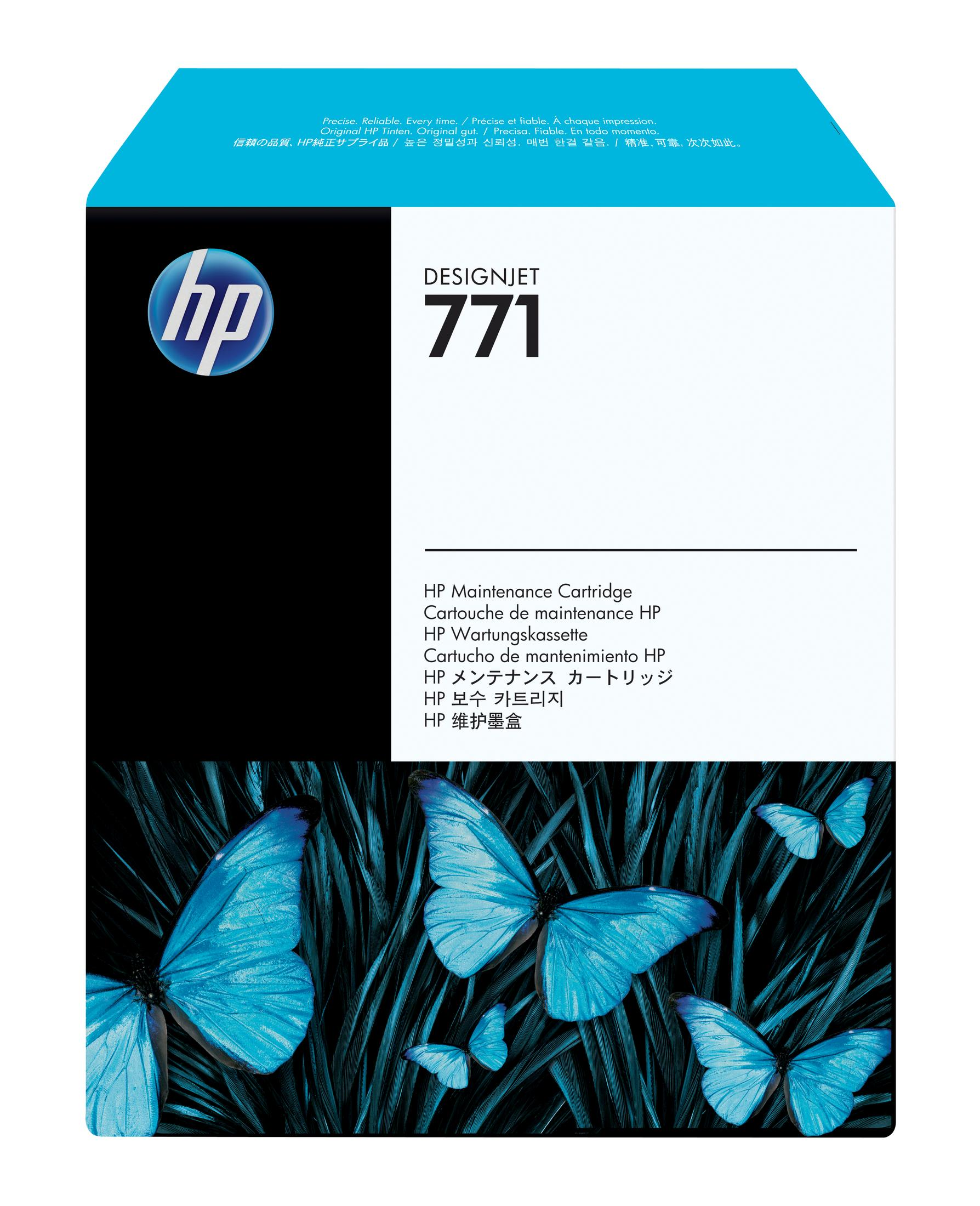 HP 771 DesignJet Wartungskartuschenbox mit Schmetterlingen auf dunklem Grasgrund.