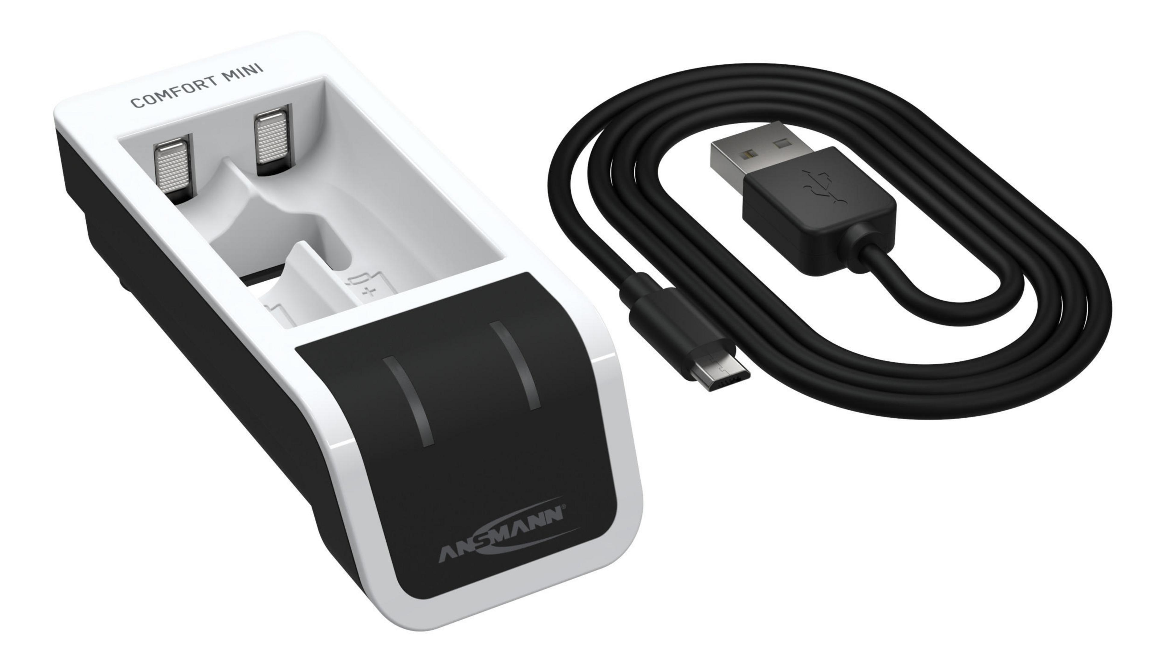 Ein Ladegerät und ein schwarzes USB-Kabel mit einem USB-A-Anschluss an einem Ende.