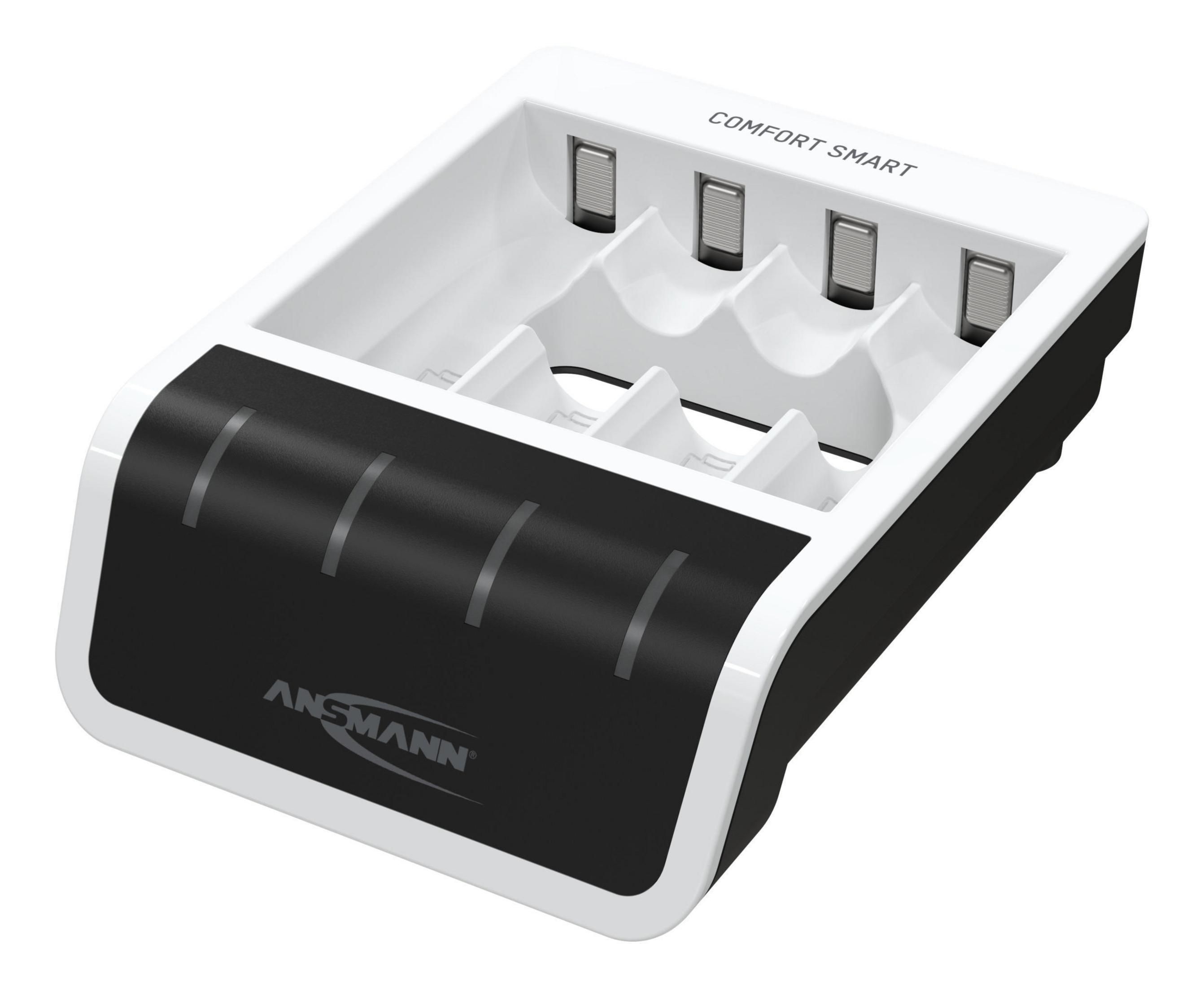 Ein weißes und schwarzes Batterieladegerät mit vier Schlitzen, schräge Ansicht auf weißer Oberfläche.