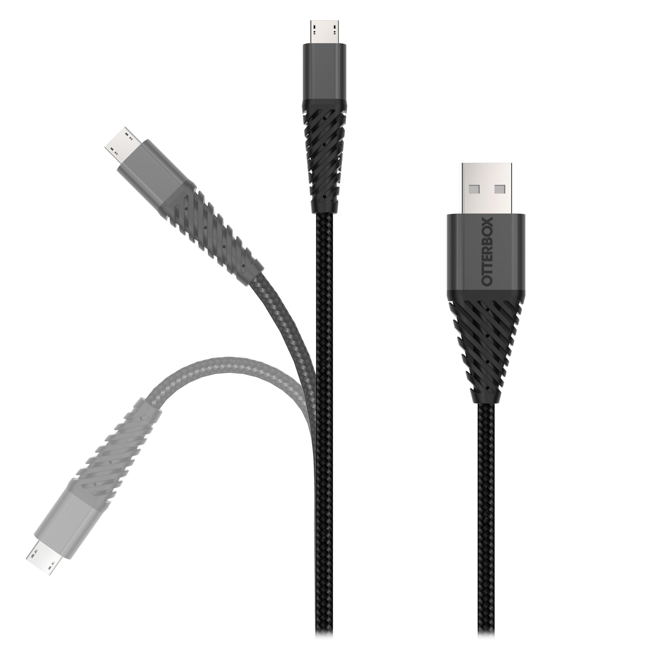 Ein schwarzes Otterbox USB-zu-Micro-USB-Kabel auf weißem Hintergrund, mehrere schräge Ansichten.