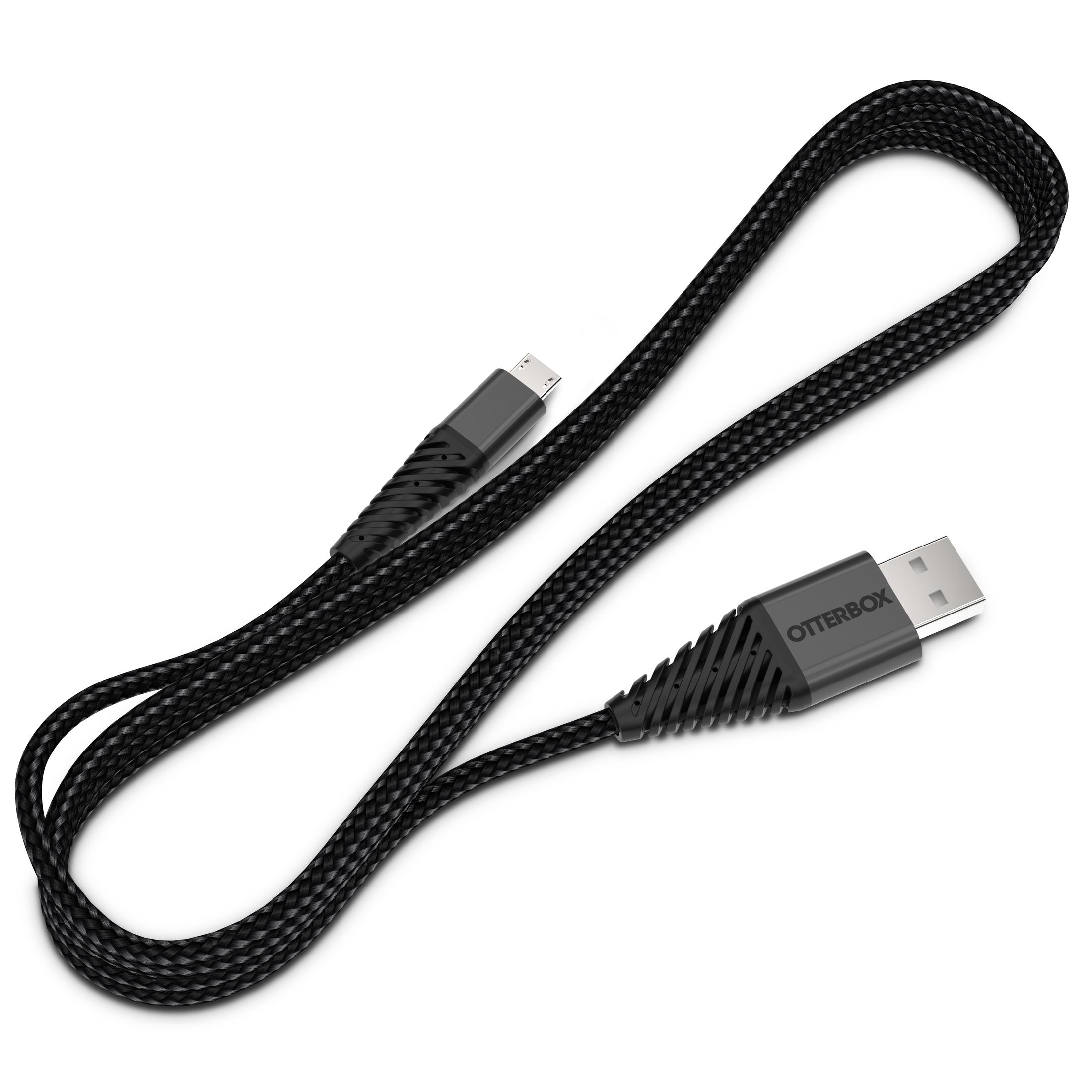 Ein schwarzes Otterbox USB-zu-Micro-USB-Kabel auf weißem Hintergrund, erhöhte Ansicht.