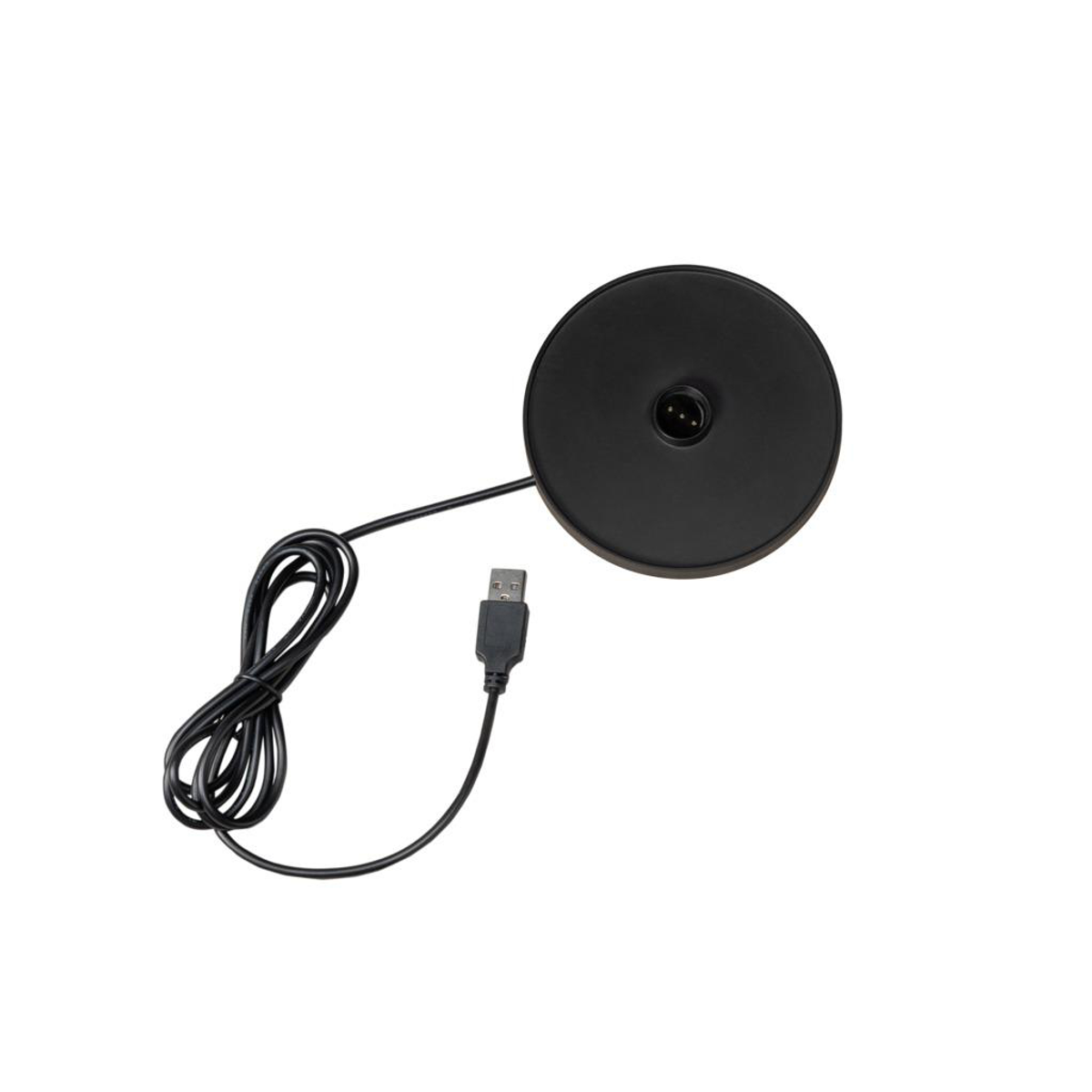 Ein schwarzer Lampenfuß mit einem USB-Ladekabel wird auf einem weißen Hintergrund angezeigt, der sein Design und seine Ladefähigkeiten zeigt.