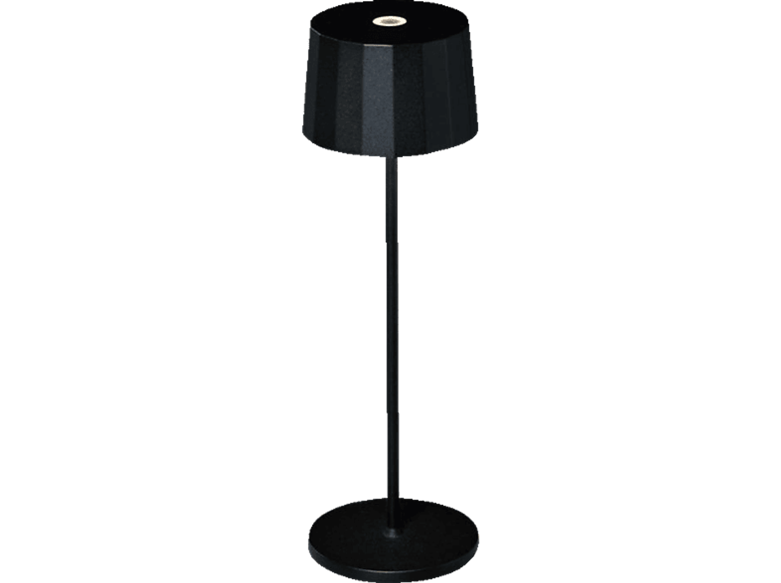 Eine elegante schwarze Lampe steht vor einem kontrastreichen schwarzen Hintergrund und betont ihr minimalistisches Design und ihre Form.
