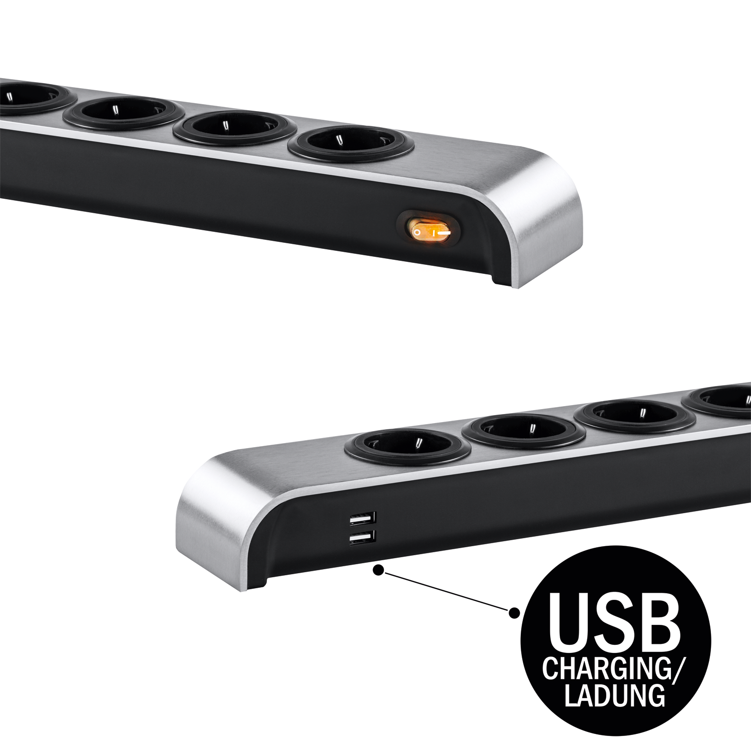 Eine silberne und schwarze Steckdosenleiste verfügt über fünf Steckdosen, zwei USB-Anschlüsse und einen orangefarbenen Netzschalter.