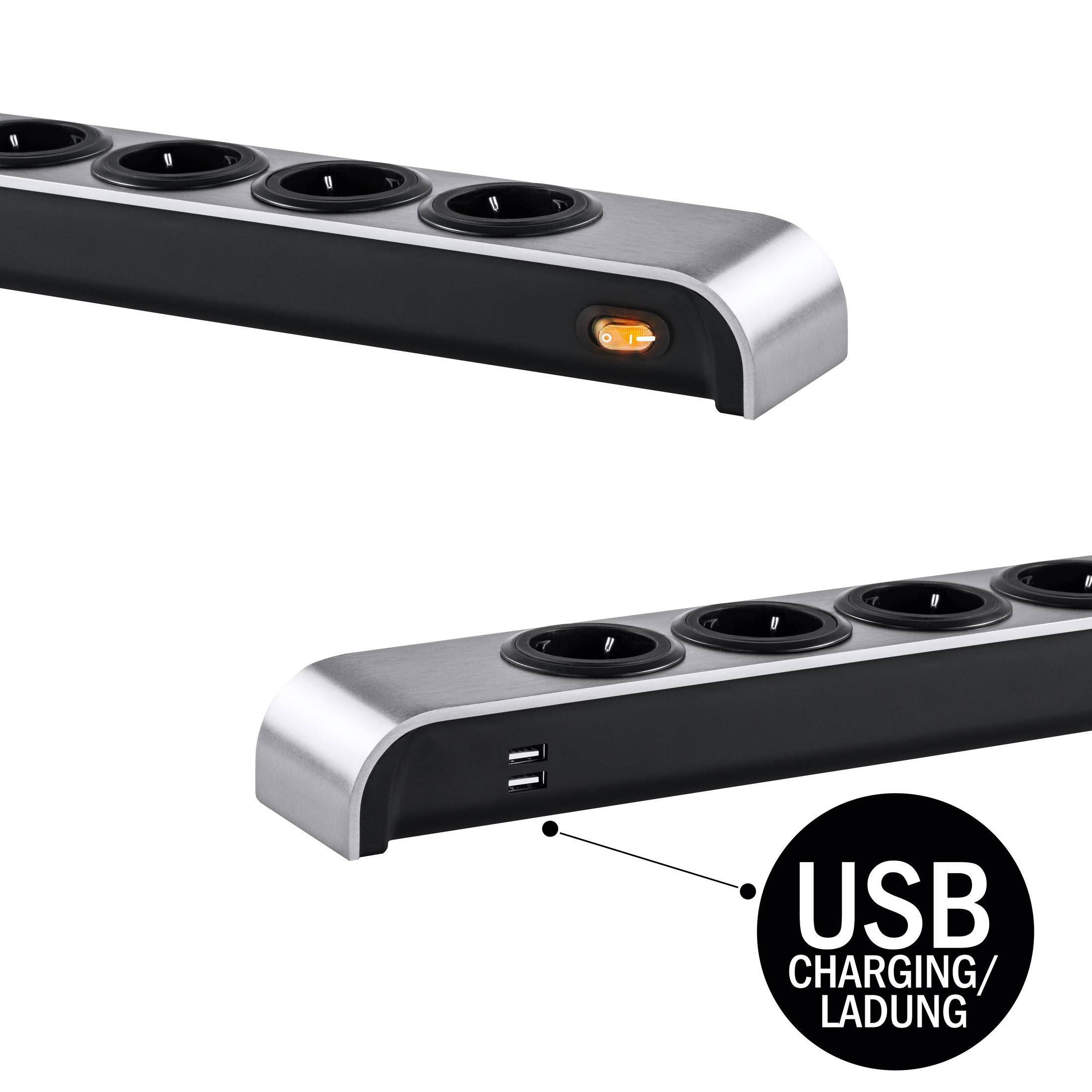Eine Steckdosenleiste mit vier Steckdosen und zwei USB-Anschlüssen auf weißem Hintergrund.