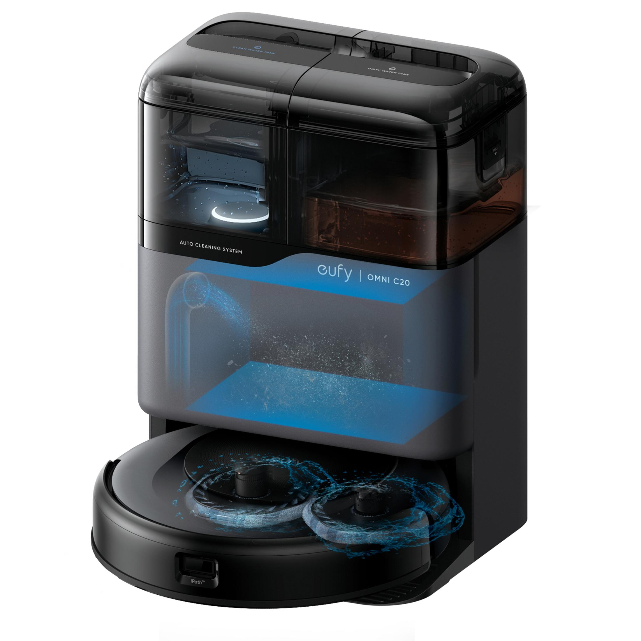 Czarny robot odkurzający Eufy Omni C20 i stacja czyszcząca z przezroczystymi zbiornikami na wodę.