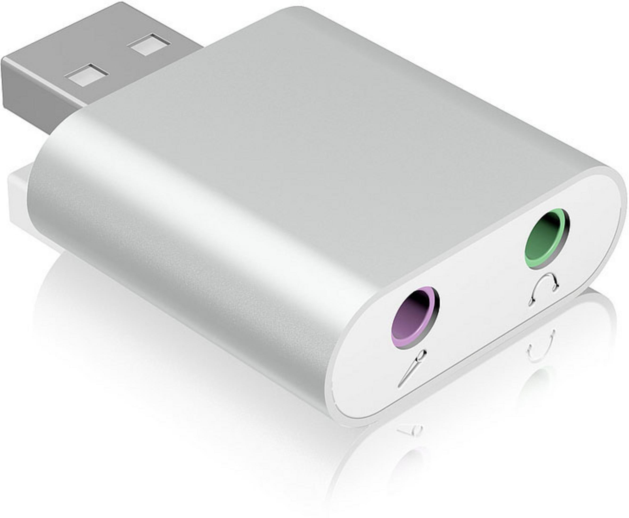 Ein silberner USB-Adapter mit Audiobuchsen wird auf einem weißen Hintergrund mit Spiegelung gezeigt.