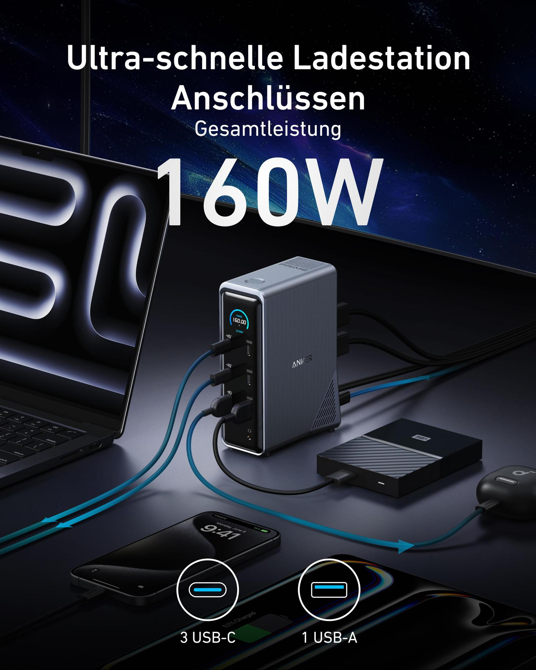 Eine Anker-Dockingstation wird mit vielen daran angeschlossenen Geräten gezeigt. Es gibt einen Laptop, 2 Telefone und mehr.
