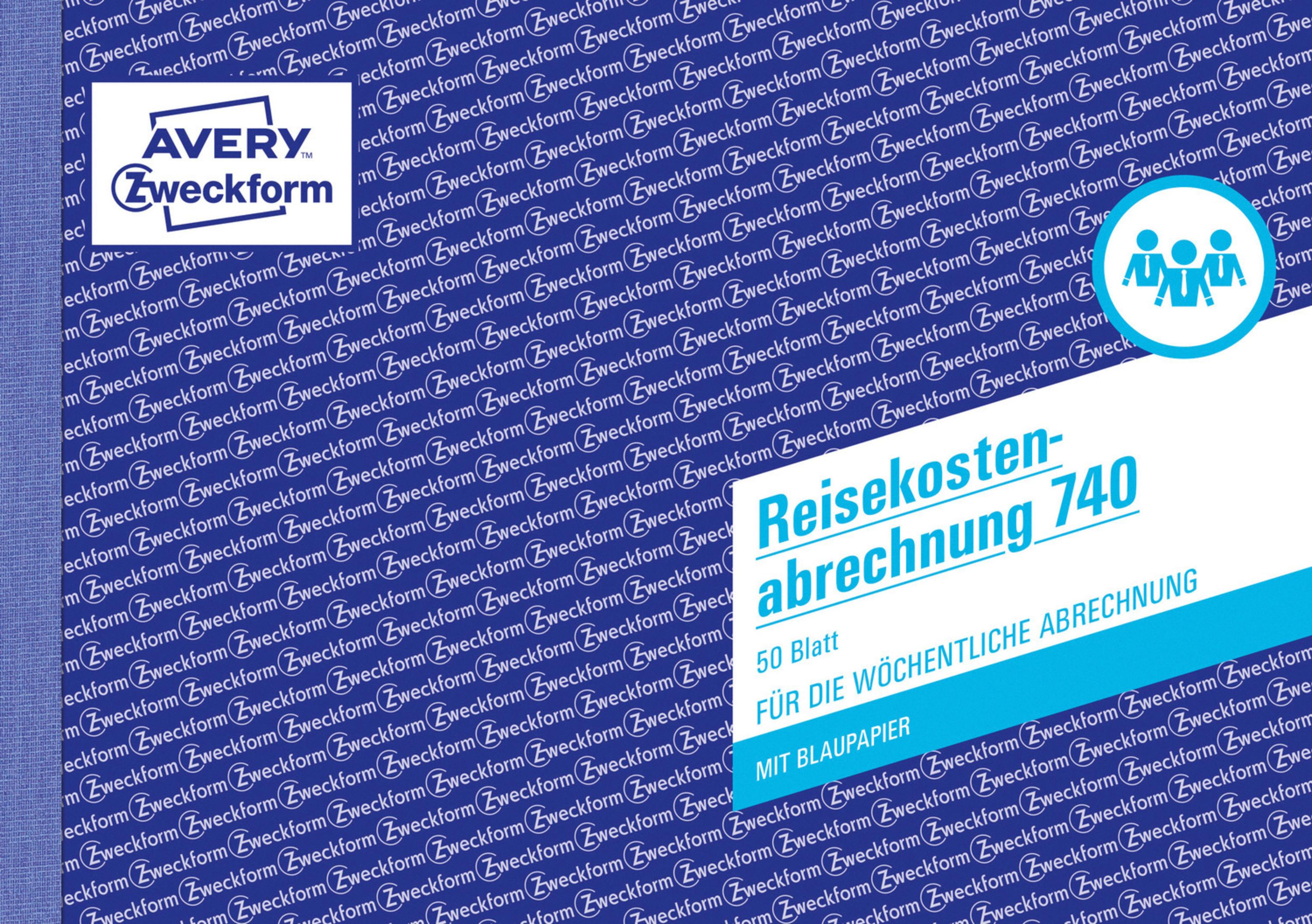 Ein Stapel Reisekostenabrechnung 740-Formulare für Spesenabrechnungen mit blauem Branding und Formulardetails.