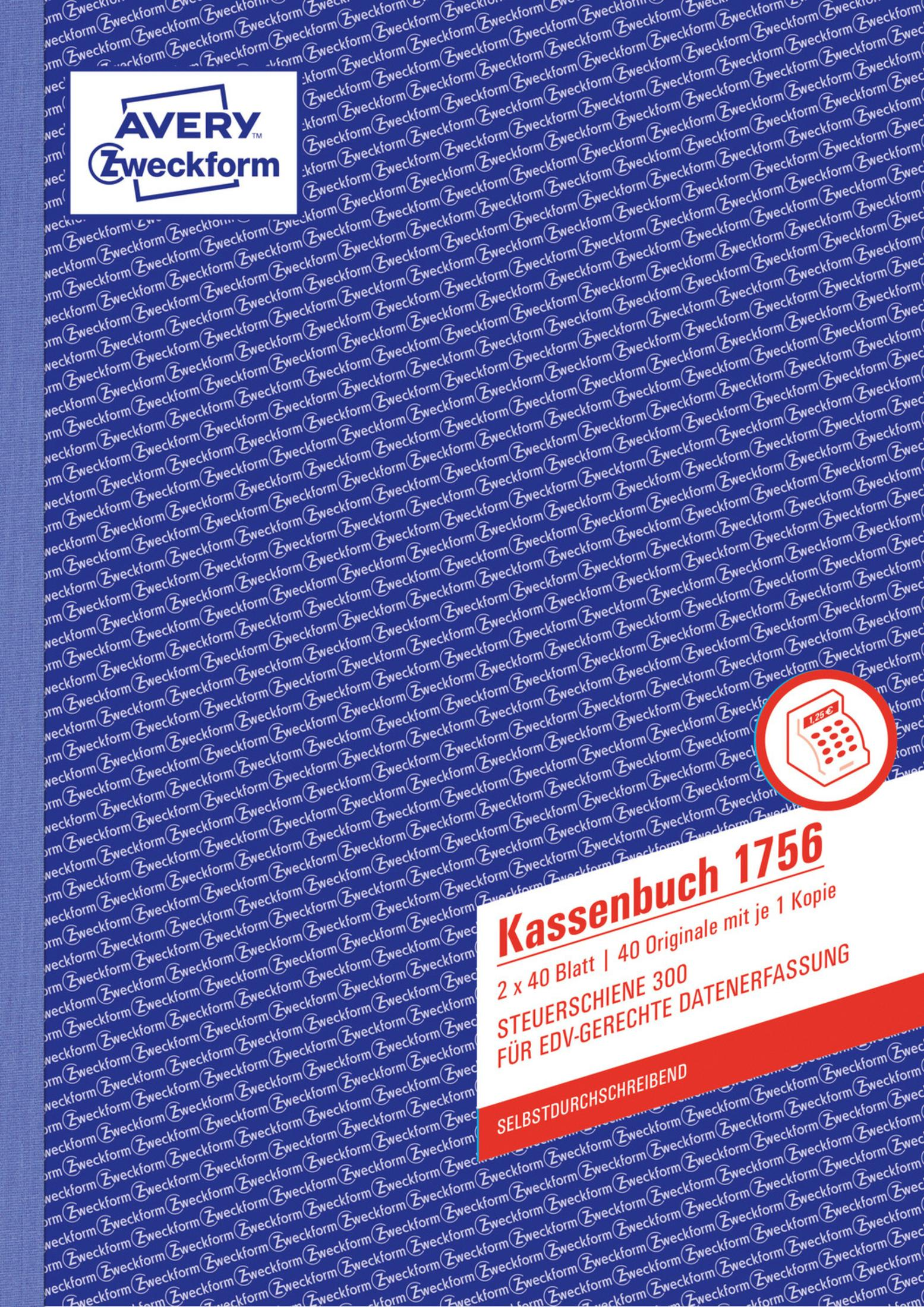 Ein blaues Avery Zweckform Kassenbuch mit rotem Text und einem Taschenrechnersymbol auf dem Cover.