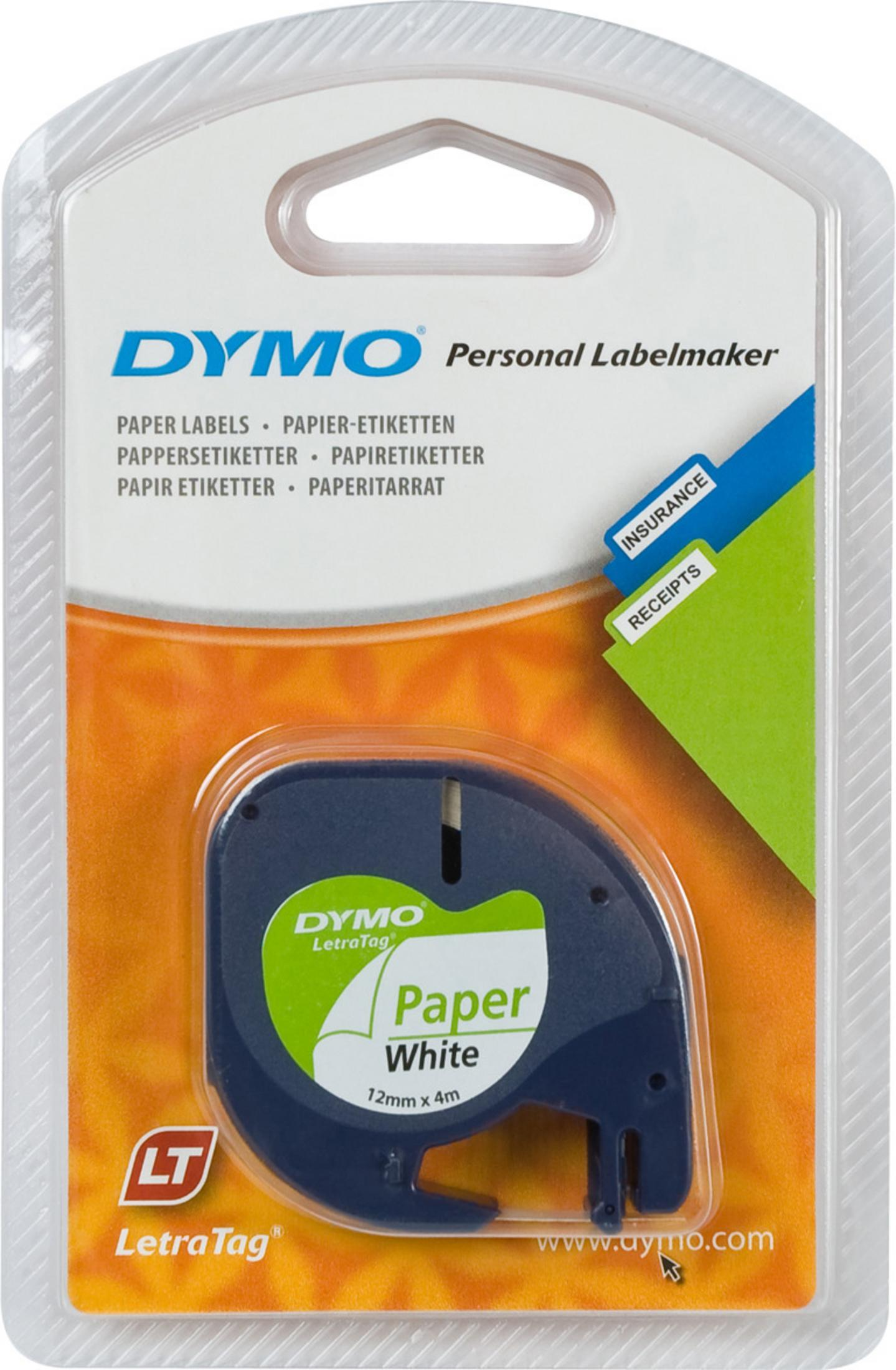 Eine Dymo LetraTag Etikettendrucker-Kartusche mit weißem Papierband in der Verpackung.