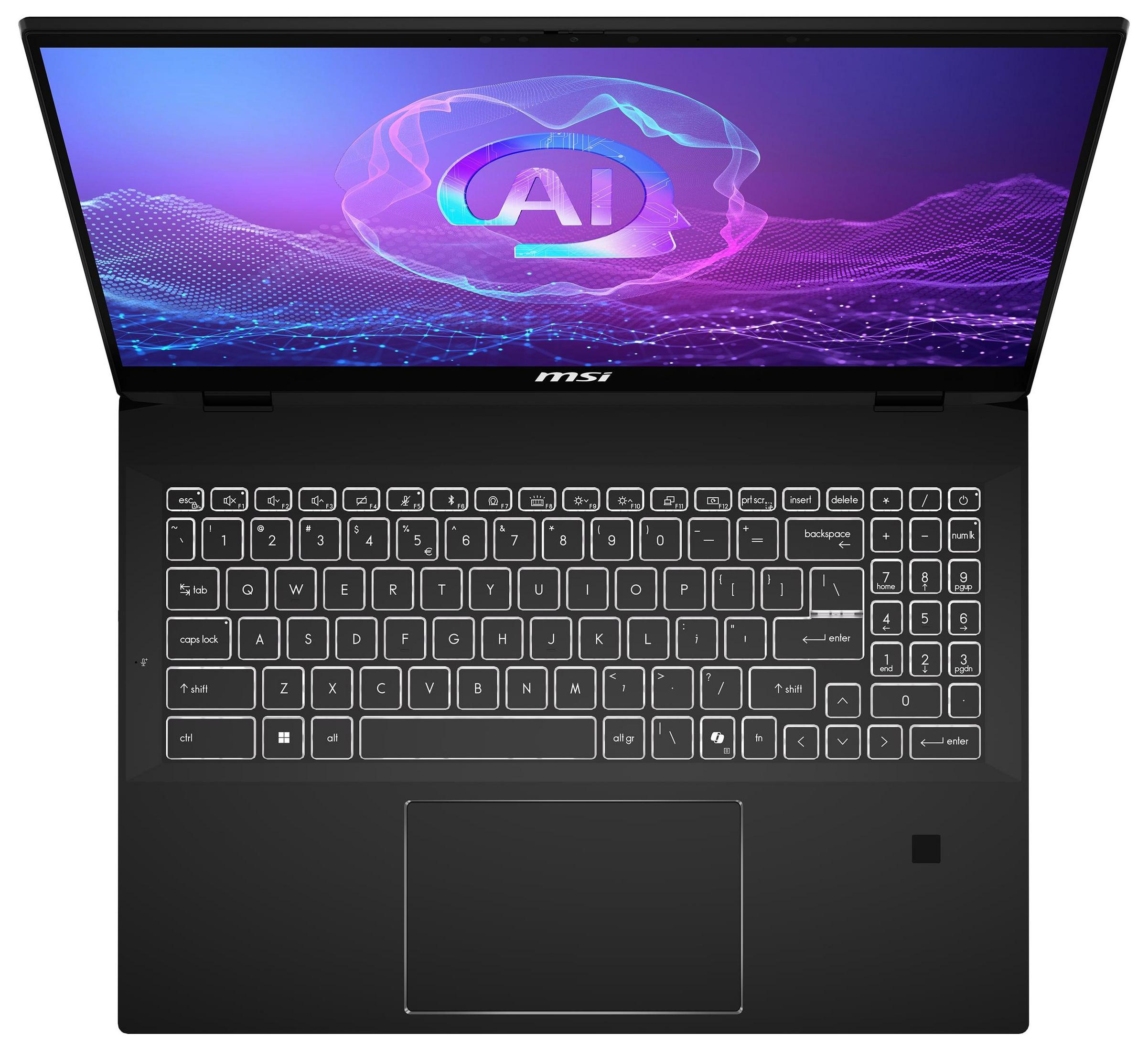 Widok z góry na czarny laptop MSI z logo AI na ekranie, podświetlana klawiatura.