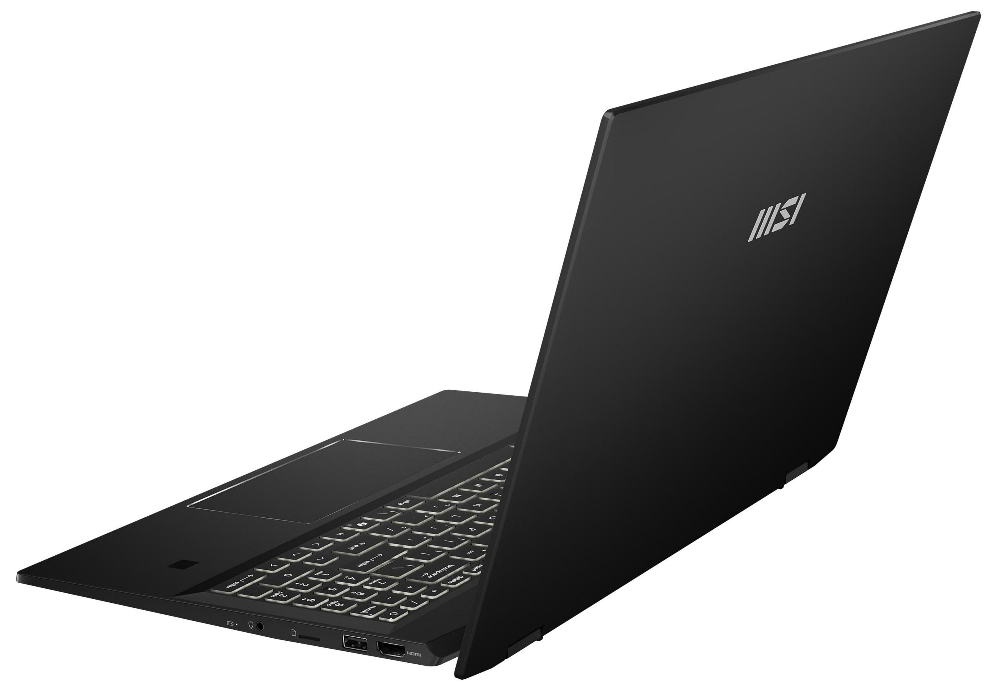 Czarny laptop MSI jest ustawiony pod kątem do tyłu, pokazując klawiaturę i logo firmy na pokrywie.