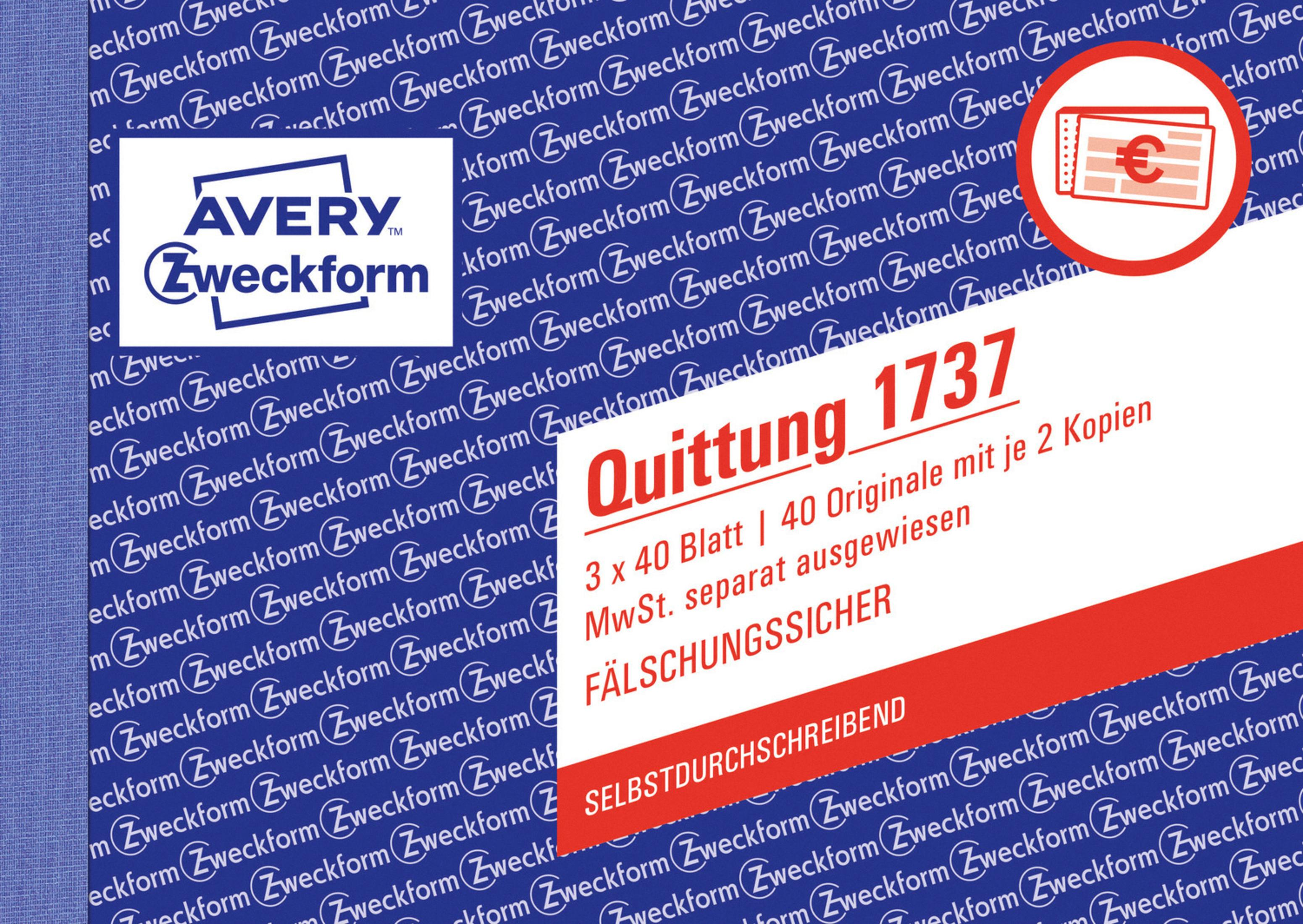 Avery Zweckform Quittungsformular auf blau gemustertem Hintergrund.