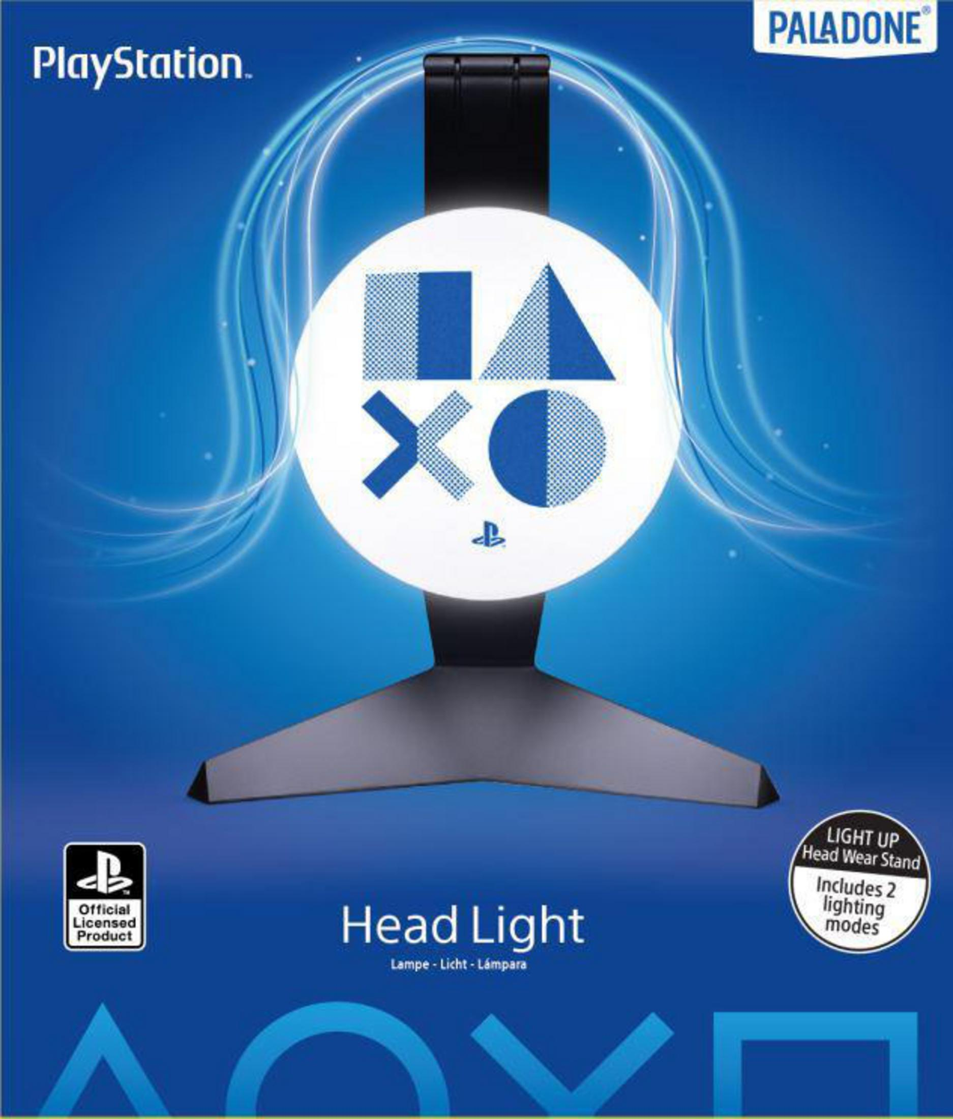 Lampa czołowa PlayStation z logo PlayStation. Stojak jest czarny, a światło jest niebiesko-białe.
