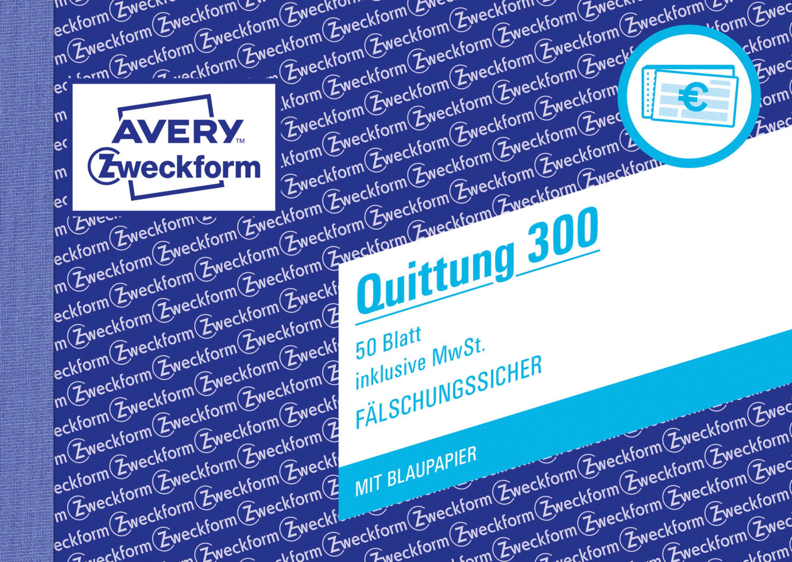 Werbebild eines Avery Zweckform Quittung 300 Quittungsbuchs, das die Fälschungssicherheitsmerkmale und blauen Designelemente hervorhebt.