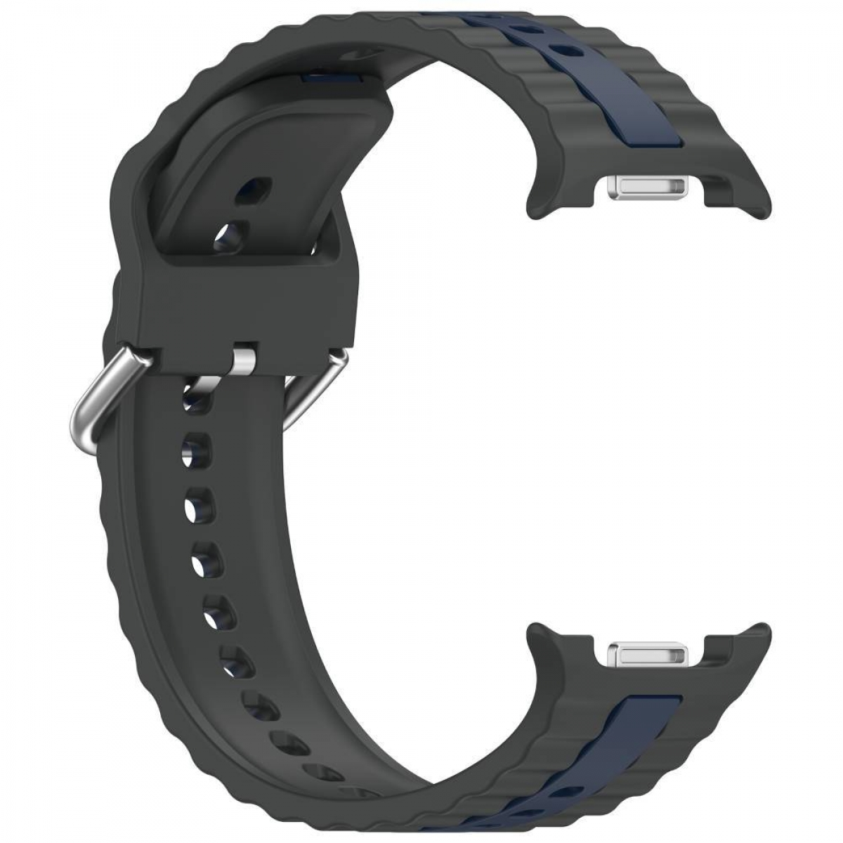 Ein gebogenes graues und blaues Uhrenarmband mit einer silbernen Schnalle auf einem weißen Hintergrund.
