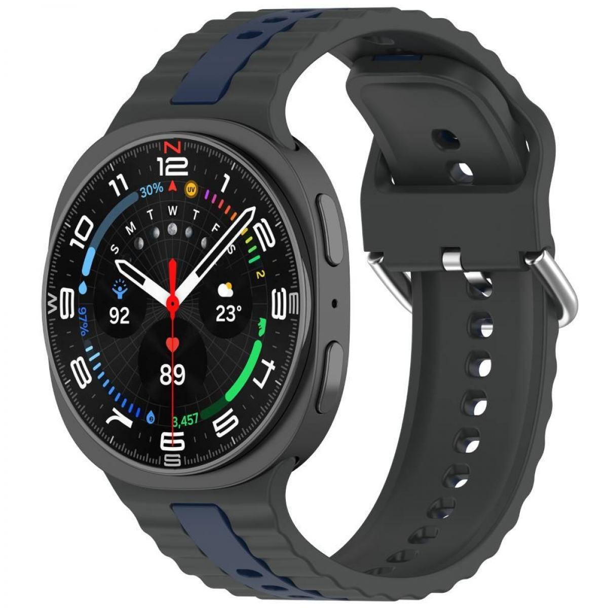 Eine Smartwatch mit einem grauen und blauen Armband auf einem weißen Hintergrund. Das Zifferblatt zeigt verschiedene Metriken.