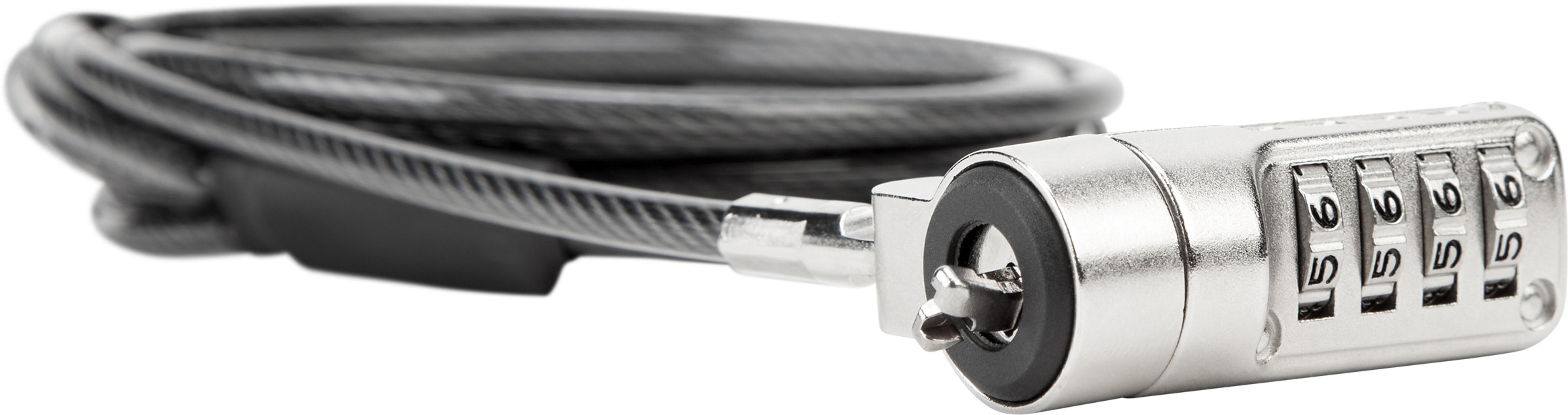 Ein silbernes Laptop-Kombinationsschloss mit einem gewendelten Kabel steht auf einem weißen Hintergrund.