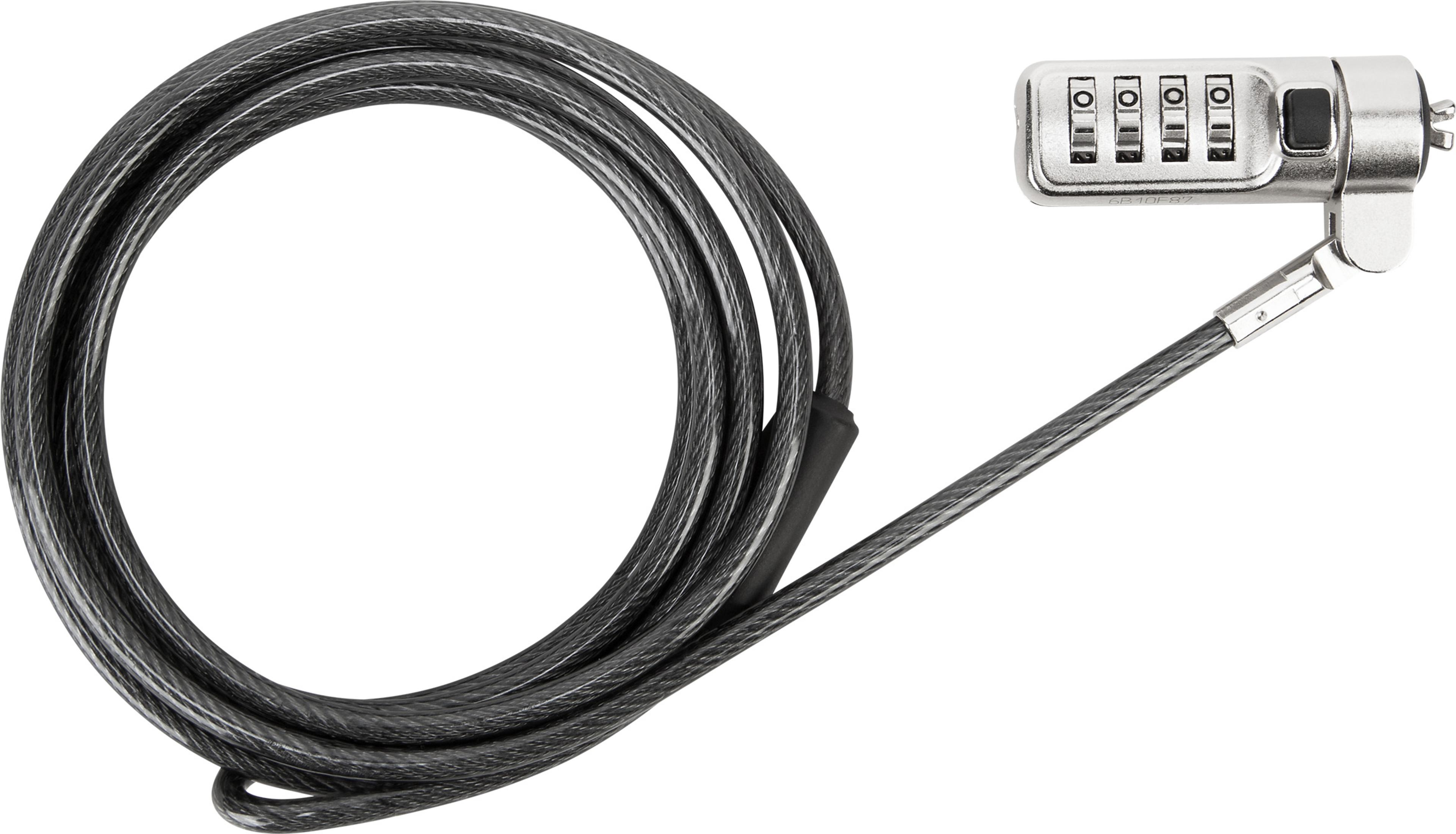 Ein silbernes Laptop-Kombinationsschloss mit einem gewendelten Kabel wird auf weißem Hintergrund dargestellt.
