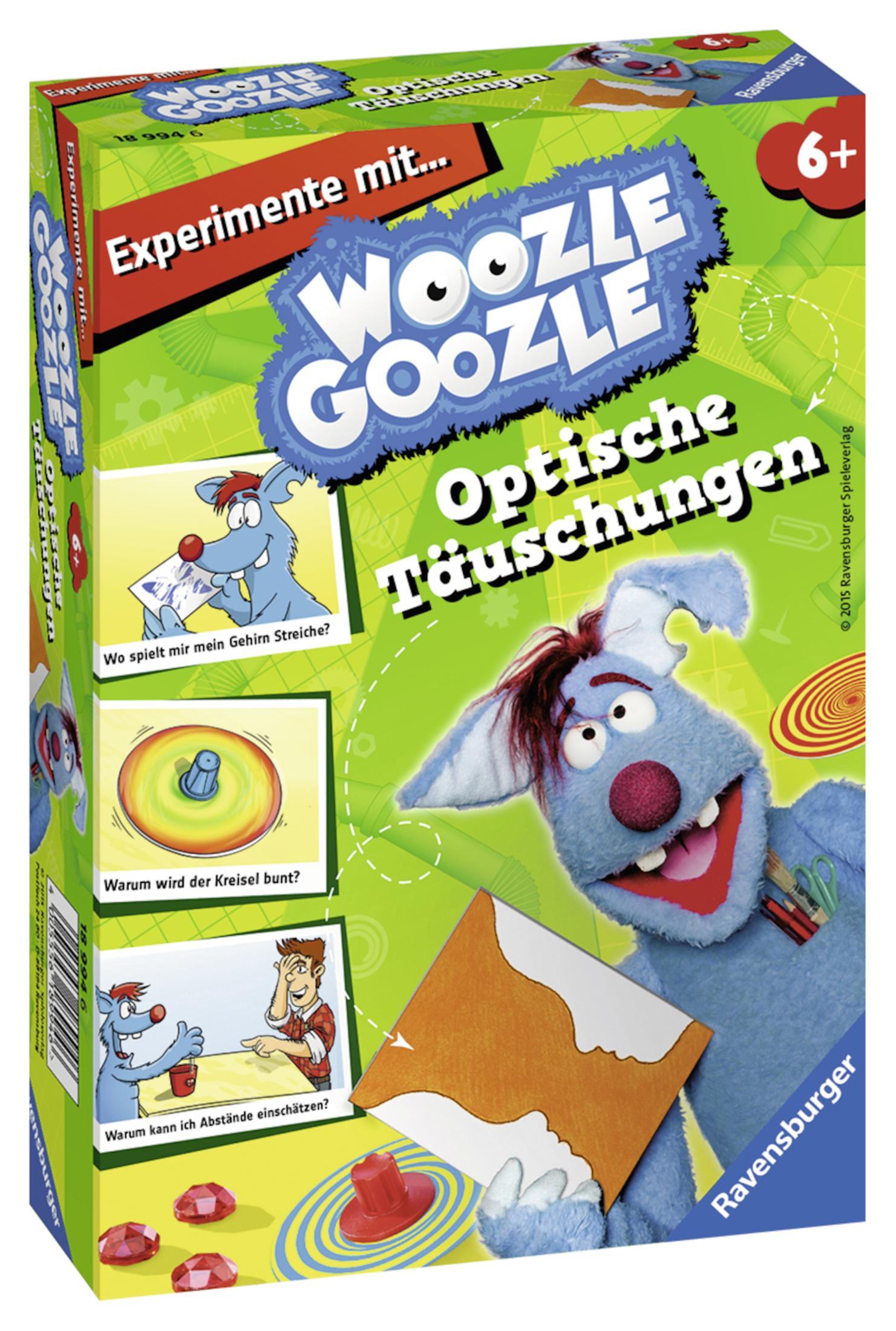 Woozle Goozle Spielbox. Mit Zeichentrickfiguren. Der Hintergrund ist grün und der Text ist auf Deutsch.