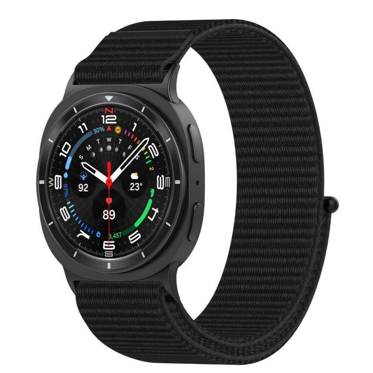 Eine schwarze Smartwatch zeigt Zeit- und Gesundheitsdaten mit einem passenden strukturierten Armband an.