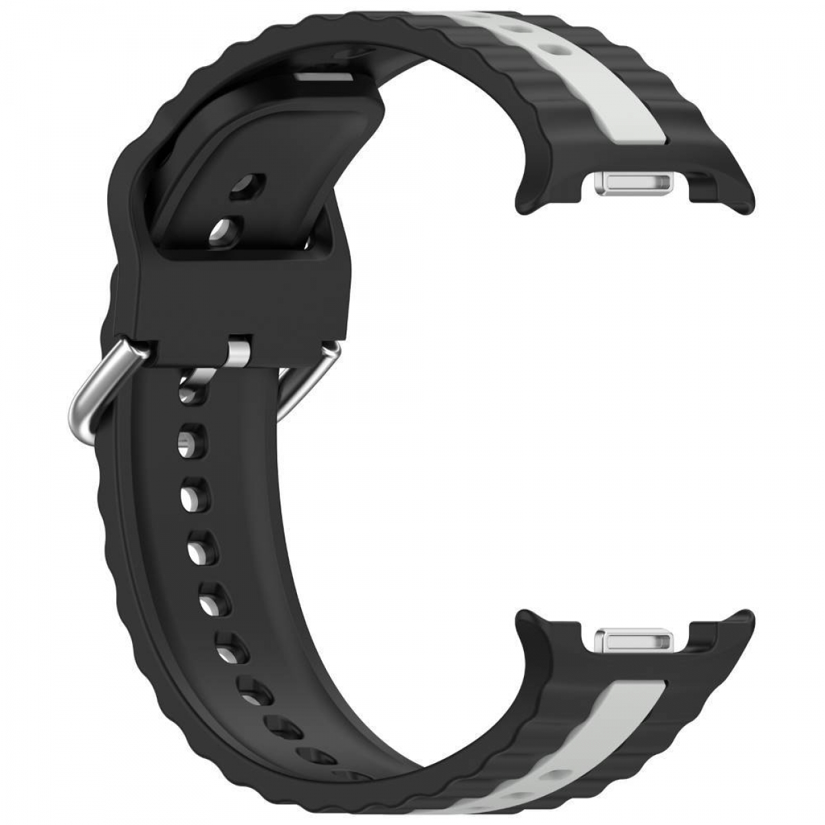 Ein schwarz-weißes Uhrenarmband mit einer silbernen Schnalle und gerippter Textur.