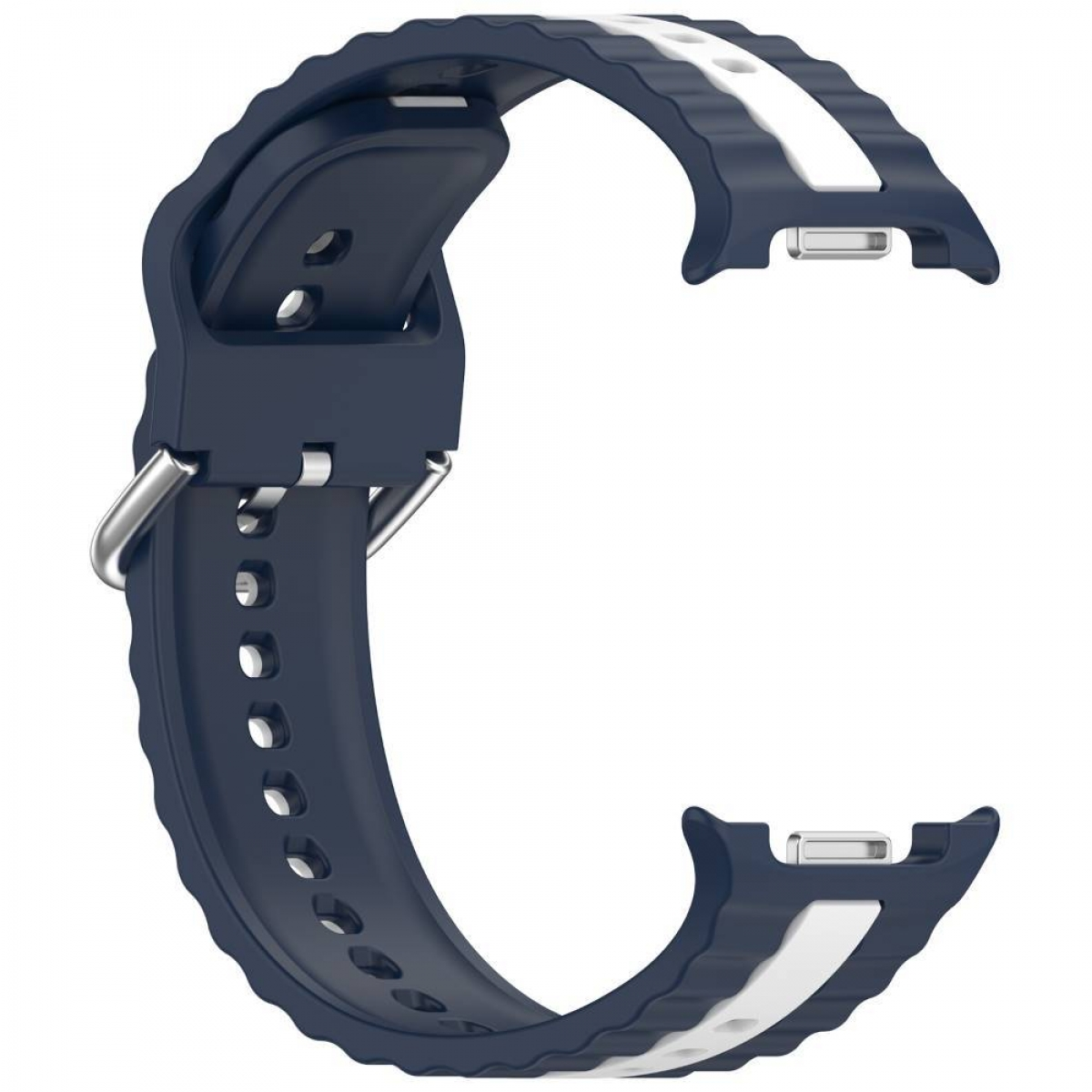 Ein marineblaues und weißes Uhrenarmband mit einer silbernen Schnalle und gerippter Textur.