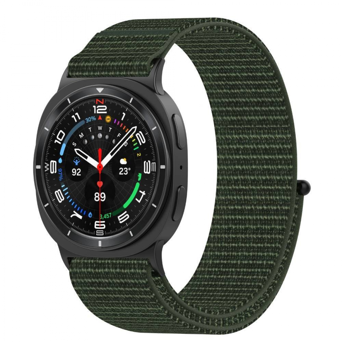 Eine Smartwatch mit einem grünen Stoffarmband zeigt Zeit- und Gesundheitsdaten auf ihrem runden Bildschirm an.