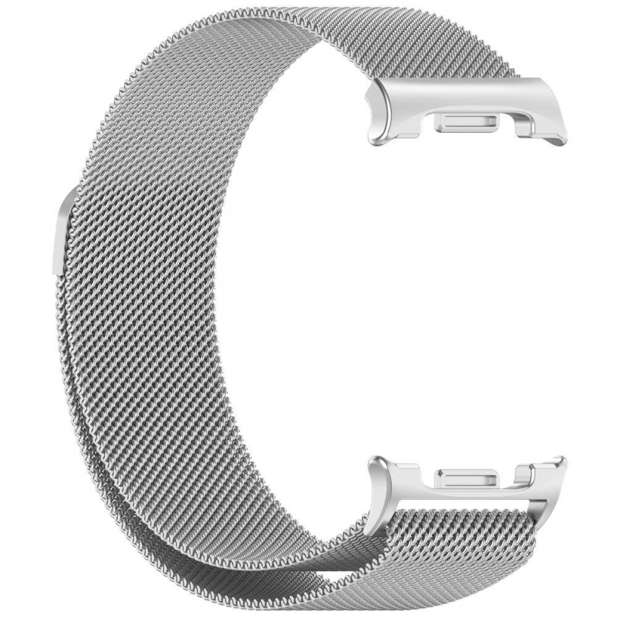 Nahaufnahme eines silbernen Metallmesh-Uhrenarmbands mit silbernen Verbindungsstücken, isoliert auf weißem Hintergrund.