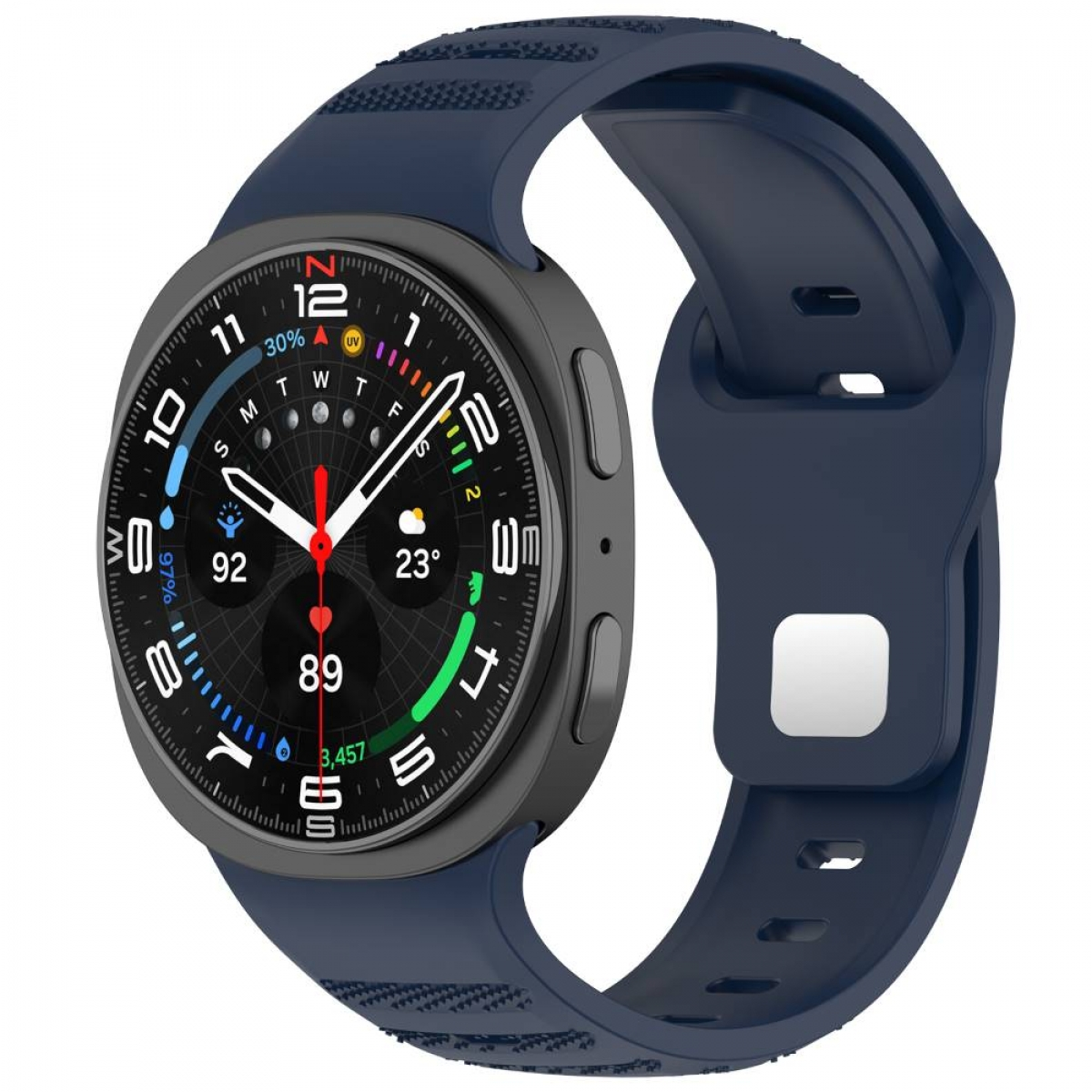 Eine Smartwatch mit einem marineblauen Silikonarmband zeigt Zeit- und Gesundheitsdaten auf ihrem runden Bildschirm an.