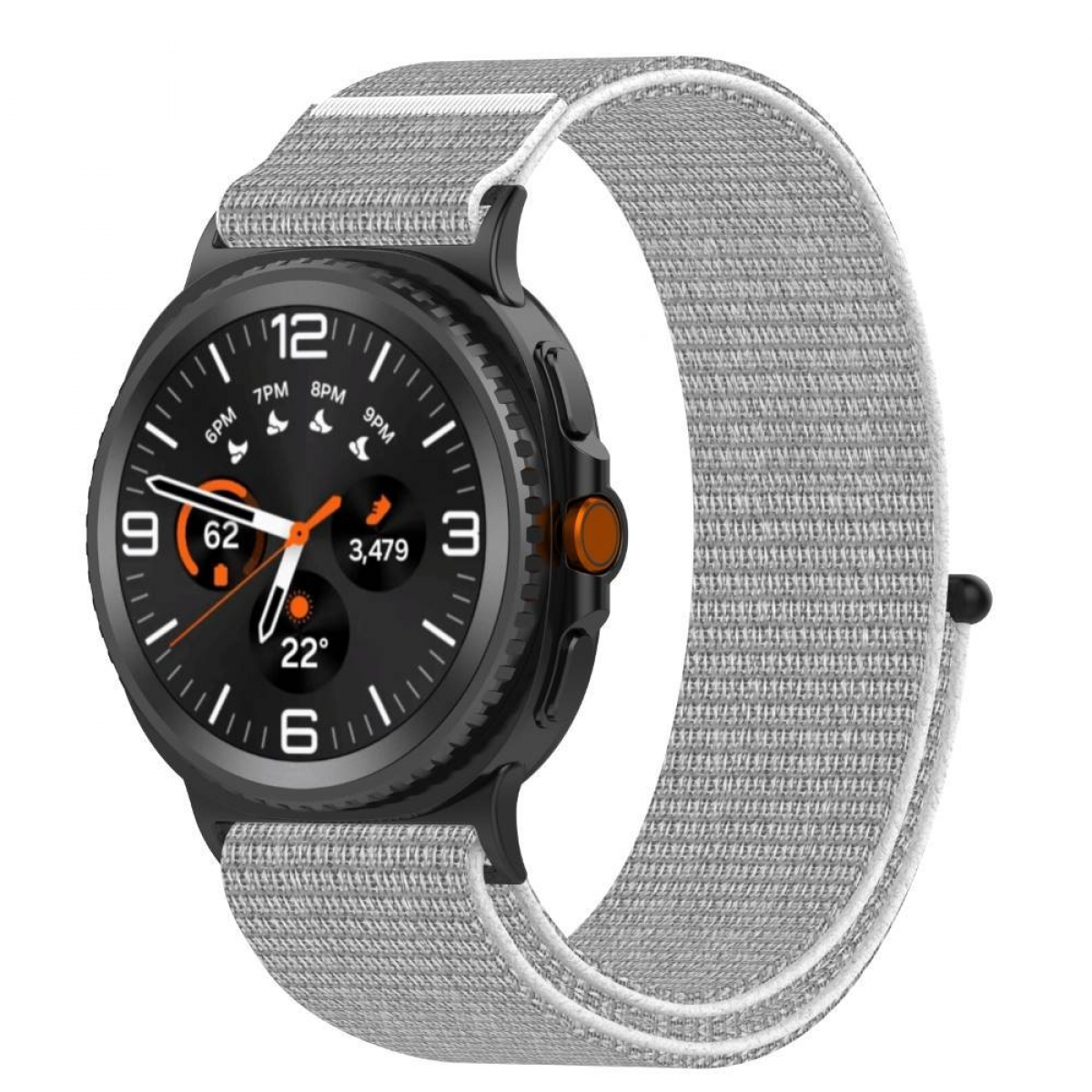 Eine Smartwatch mit einem grauen Stoffarmband zeigt Zeit- und Gesundheitsdaten auf ihrem runden Bildschirm an.