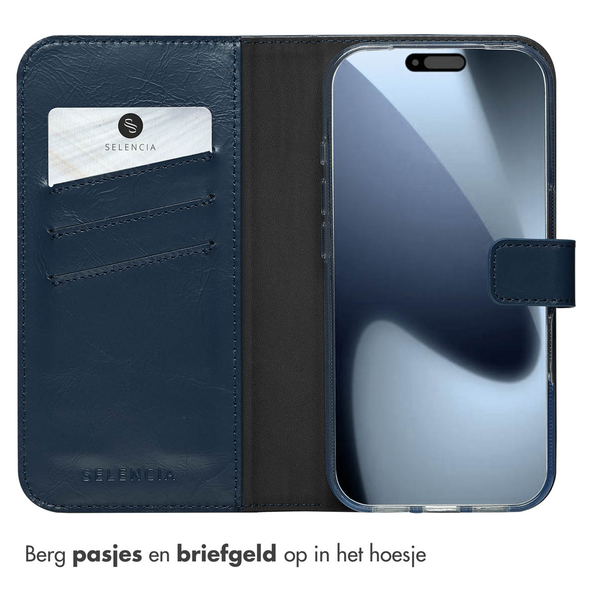 Open marineblauwe telefoonhoes met kaartsleuven, met een Selencia-kaart en telefoonscherm.