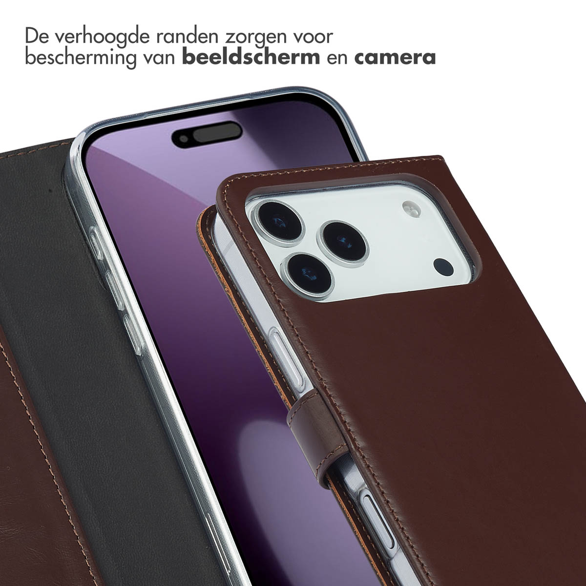 Gros plan d'un étui de téléphone marron, mettant l'accent sur les bords surélevés protégeant l'écran et la caméra.