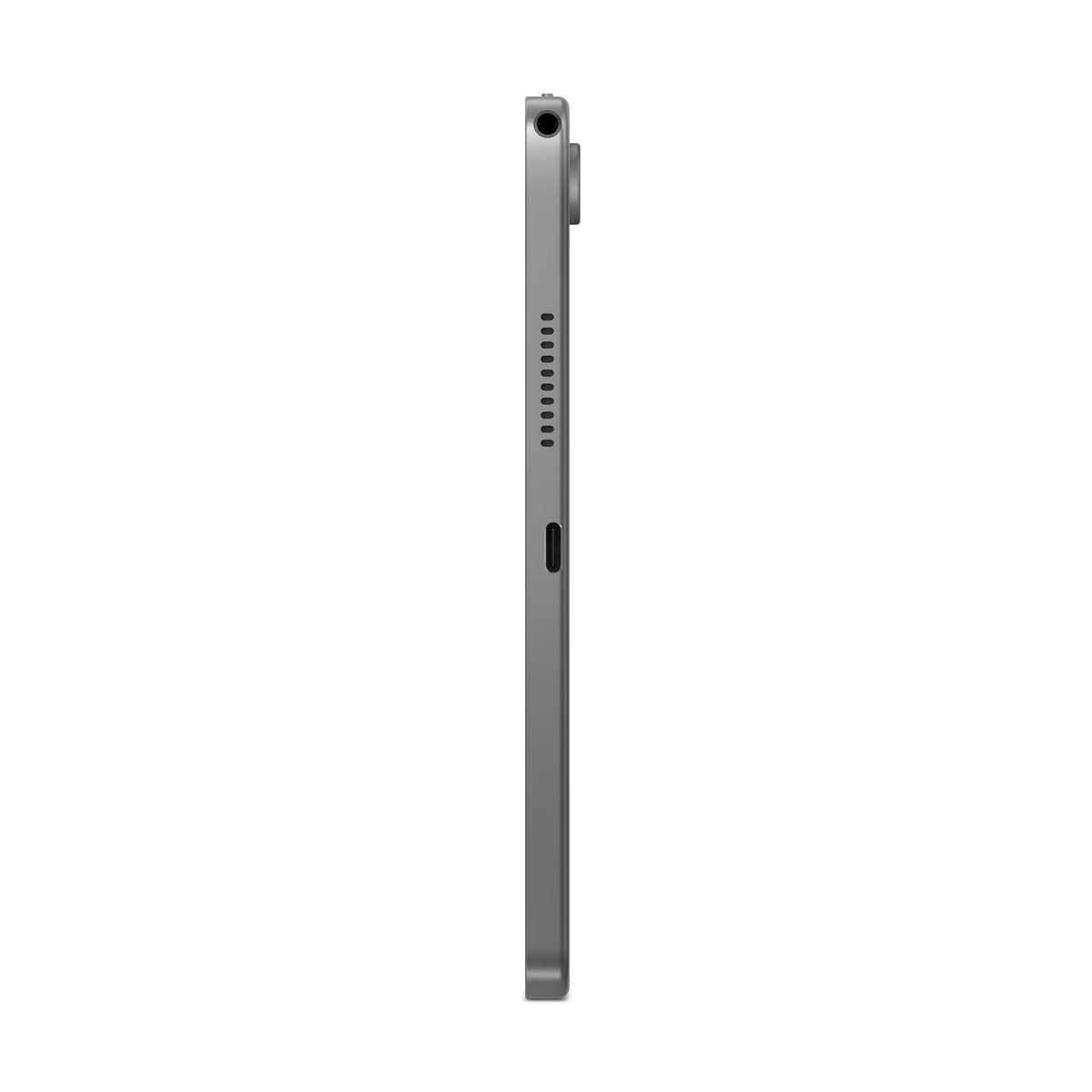 Widok z boku szarego tabletu na czarnym tle, podkreślający jego smukłą konstrukcję.