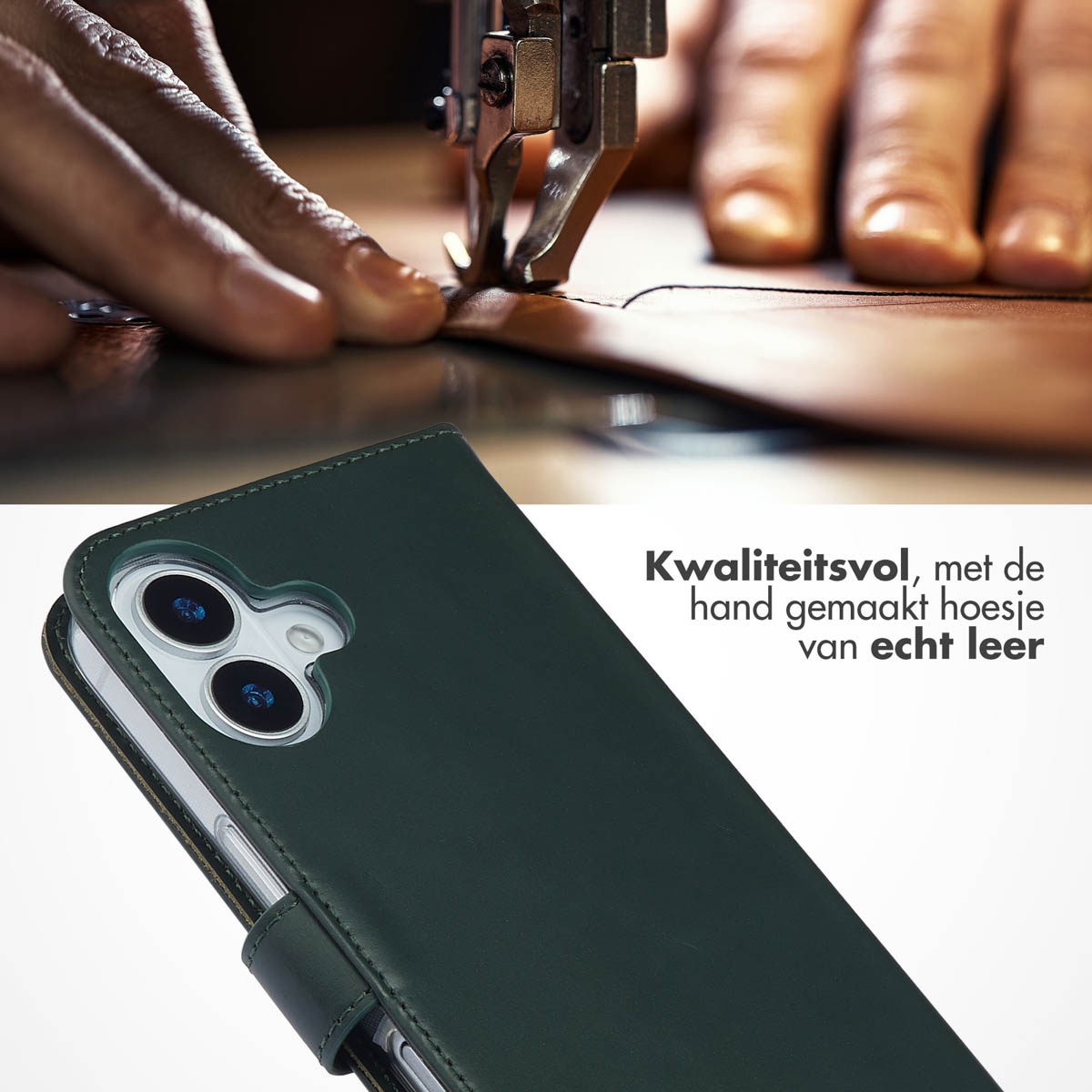 Close-up van een donkergroene telefoonhoes die wordt genaaid, waarbij het lederen vakmanschap wordt benadrukt.