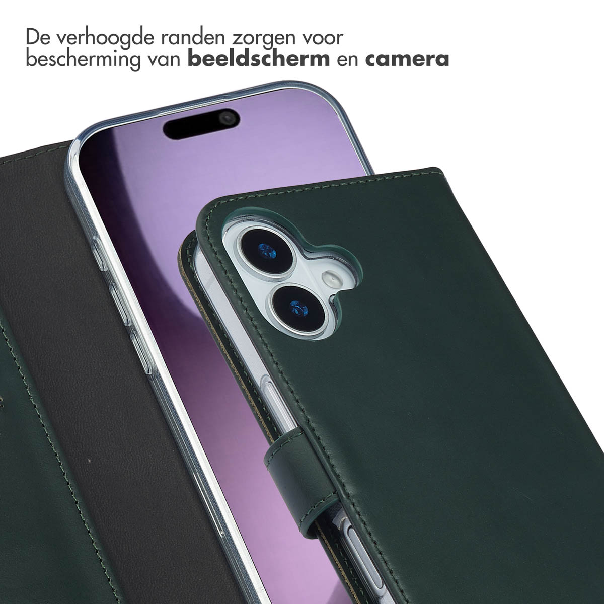 Close-up donkergroene telefoonhoes met verhoogde randbescherming voor scherm en camera.