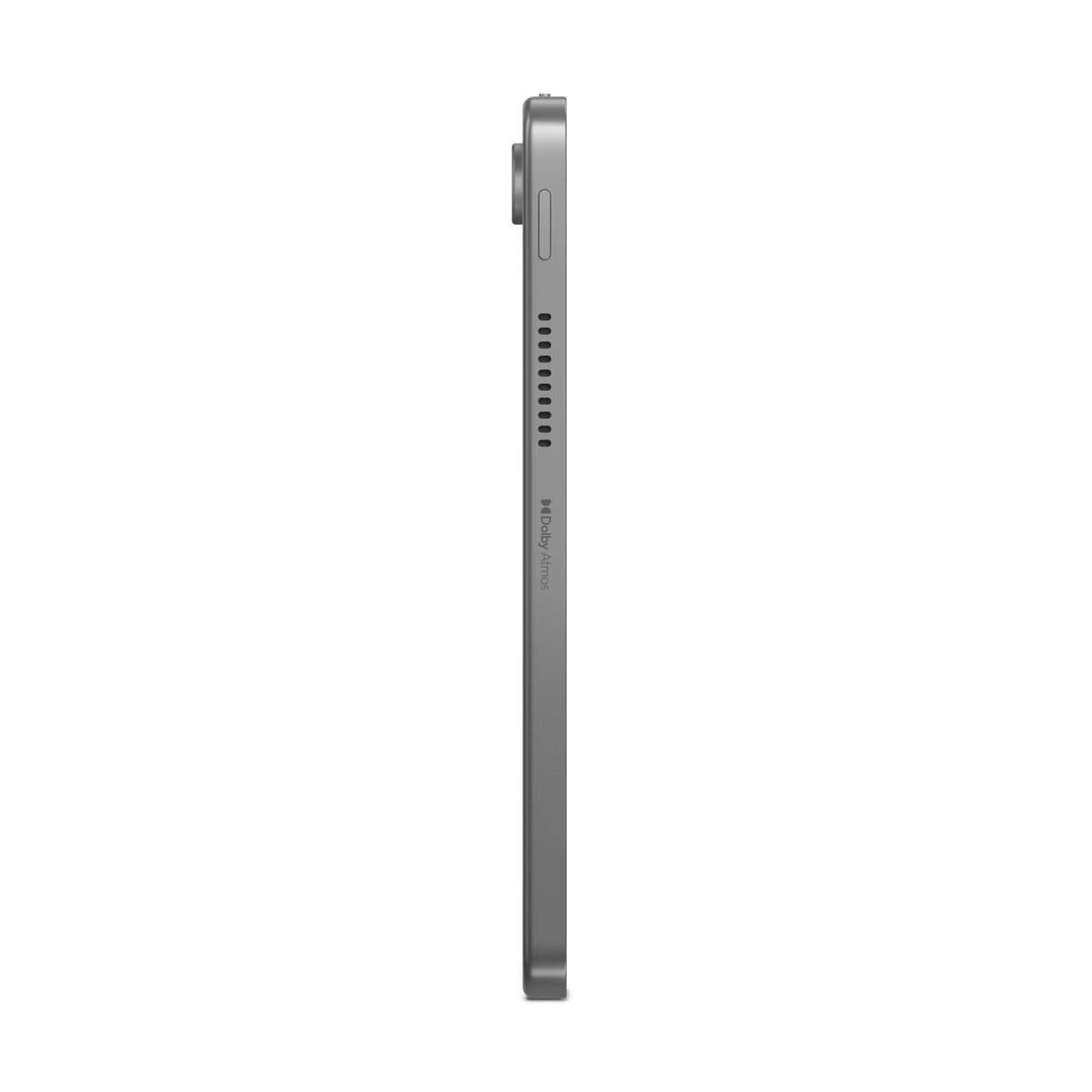 Widok z boku srebrnego tabletu na czarnym tle, podkreślający jego smukłą konstrukcję i układ głośników.