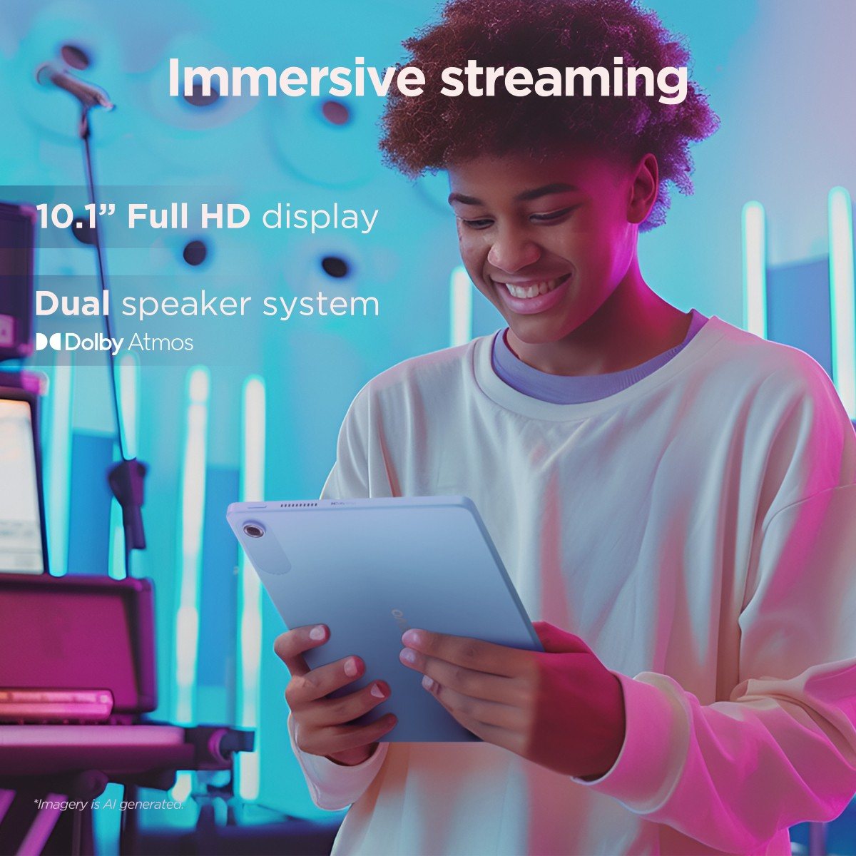 Nastolatek korzysta z tabletu; tekst reklamy promuje wciągające przesyłanie strumieniowe na wyświetlaczu Full HD.