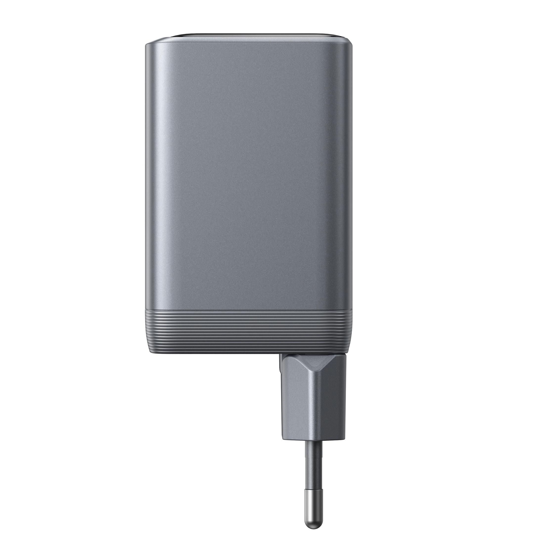 Szara ładowarka Anker Prime na białym tle, wtyczka skierowana do góry.