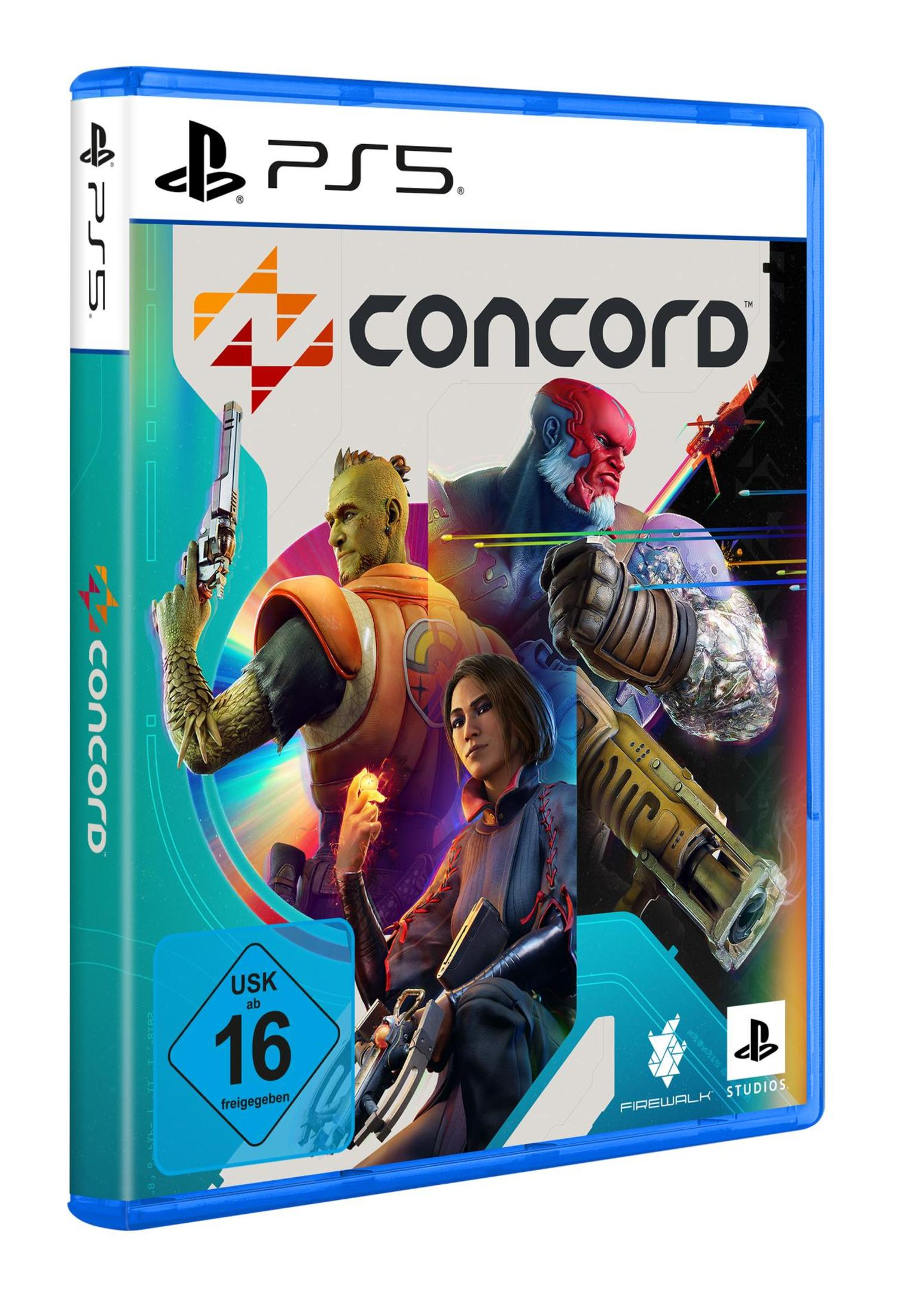 Das Cover des Concord-Spiels zeigt vier Charaktere vor einem weißen und blauen Hintergrund mit dem PS5-Logo.
