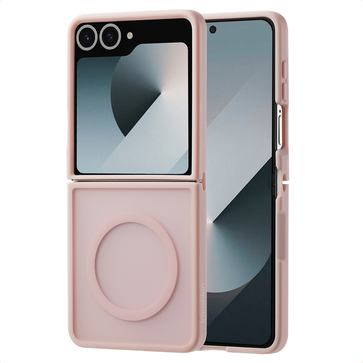 Een roze flip phone hoesje met een MagSafe ring, dat het ontwerp en de functionaliteit laat zien.
