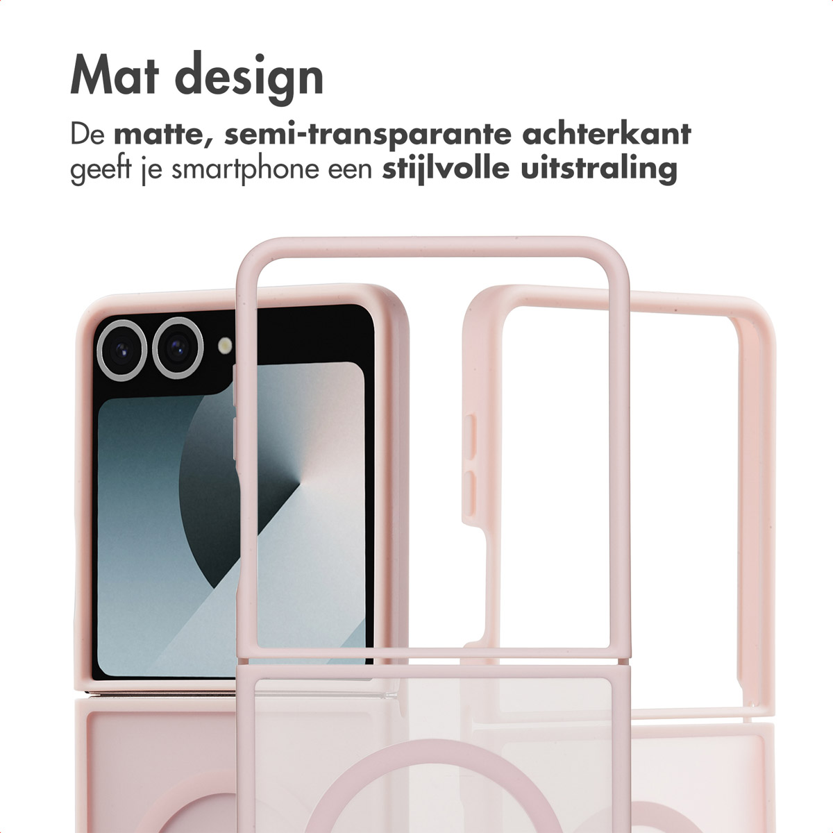 Een roze telefoonhoesje met een matte, semi-transparante achterkant, dat een stijlvolle uitstraling biedt.