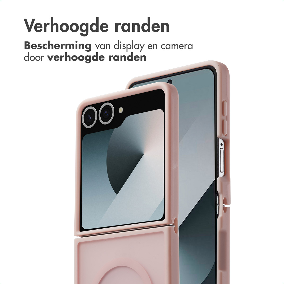 Een roze flip phone hoesje met verhoogde randen, dat het scherm en de cameralens beschermt.