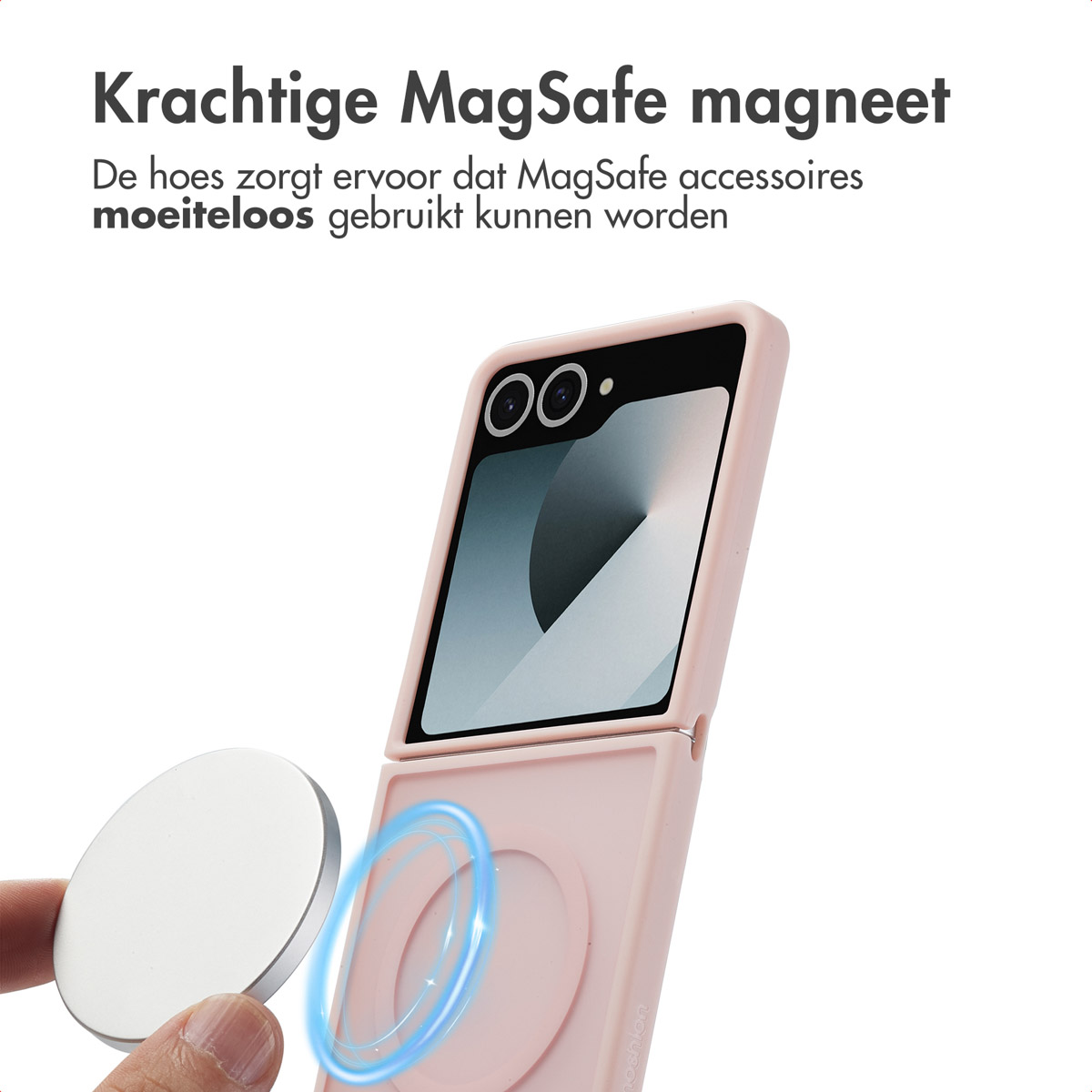 Een roze flip phone hoesje met een sterke MagSafe magneet, dat zorgt voor een eenvoudig gebruik van accessoires.